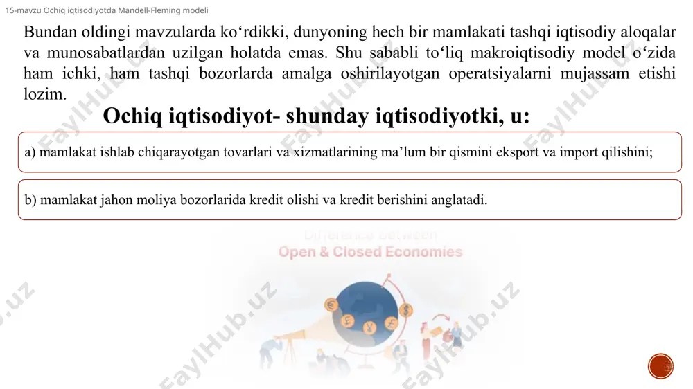 gan (yoki uning barqaror past darajasidagi) toʻliq bandlik sharoitida talab va taklifning balanslashganligidir. qisqa muddatli davrda ichki muvozanat muammosi, birinchi navbatda, byudjet-soliq va pul-kredit siyosati vositasida yalpi talabni tartibga solish orqali ta’minlanadi. tashqi muvozanat – qayd qilingan, yoki suzib yuruvchi valyuta kursi sharoitida toʻlov balansining nolga teng qoldigʻini ta’minlab turilishni anglatadi. alohida holatlarda bu muammo ikki oʻzaro mustaqil qismga boʻlinadi: a) joriy operatsiyalar balansining belgilangan holatini ta’minlab turish; b) valyuta zaxiralarining aniq belgilangan miqdorini saqlab turish. tashqi va ichki muvozanatni ta’minlab turish usullari bir xil: byudjet-soliq va pul-kredit siyosati. ayrim hollarda mustaqil usul sifatida almashinuv kursi siyosati ham ajratib koʻrsatiladi. 15-mavzu ochiq iqtisodiyotda mandell-fleming modeli ochiq iqtisodiyotda iqtisodiy siyosat tahlili mandell-fleming modeliga asoslangan holda amalga oshiriladi. bu model qisqa muddatda iqtisodiyotni muvozanatlashtirishni ifodalaydi va kichik ochiq iqtisodiyot uchun is-lm modelining modifikatsiya qilingan shakli hisoblanadi. ikkala model ham baholarning oʻzgarmasligini nazarda tutadi va yalpi talab hajmining oʻzgarishi sabablarini tushuntiradi. ular oʻrtasidagi …