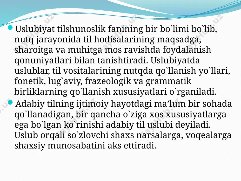 ida gapdagi so`zlar tartibi ancha erkin bo`ladi, piching, qochiriqlar, kinoyalar ko`plab ishlatiladi ilmiy uslub fan-texnikaning turli tarmoqlariga doir ilmiy asarlar, darsliklar ilmiy uslubda yoziladi. mantiqlilik, aniqlik bu uslubga xos xususiyatlardir. ilmiy uslub aniq ma’lumotlar asosida chiqarilgan ilmiy xulosalar (qoidalar, ta’riflar)ga boy bo`lishi bilan boshqa uslublardan farq qiladi: yomg`ir — suyuq tomchi holidagi atmosfera yog`ini. tomchining diametri 0,5-0,6 mm bo`ladi. ilmiy uslubda har bir fanning o`ziga xos ilmiy atamalaridan foydalaniladi, bu uslubda so`zlar o`z ma’nosida qo`llanadi, qoida yoki ta’rifning mazmunini ochishga xizmat qiladigan ajratilgan bo`laklar, kirish so`zlar, kirish birikmalar, shuningdek, qo`shma gaplardan ko`proq foydalaniladi. rasmiy-idoraviy uslub davlat idoralari tomonidan chiqariladigan qarorlar, qonunlar, nizomlar, xalqaro hujjatlar rasmiy-idoraviy uslubda yoziladi. ariza, tilxat, ma’lumotnoma, chaqiruv qog`ozi, taklifnoma, shartnoma, tarjimai hol, e’lon, tavsifnoma, dalolatnoma, hisobot kabilar ham shu uslubda yoziladi. bunday uslubdagi hujjatlar qisqa, aniq, barcha uchun tushunarli qilib tuziladi. bu uslubning asosiy belgisi: jumlalarning bir qolipda, bir xil shaklda bo`lishi. bu uslubda ham so`zlar …