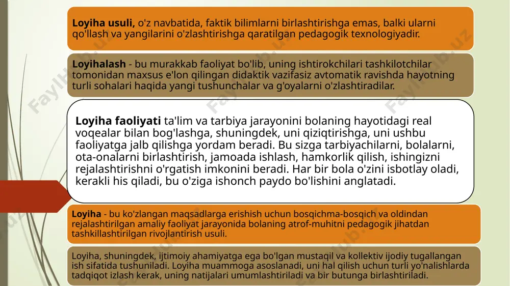 hilar tomonidan maxsus e'lon qilingan didaktik vazifasiz avtomatik ravishda hayotning turli sohalari haqida yangi tushunchalar va g'oyalarni o'zlashtiradilar. pedagogik loyiha - pedagogik faoliyatning muhim jihatlaridan biri va tarbiyachi kasbining xususiyatlari bilan bog`liq. bu maktabgacha ta'lim tashkilotining ta`lim mazmuni va tarbiyachining bolalar uchun o'zlarini to'liq anglashi, ichki dunyosini ochib berishi, muvaffaqiyatga erishish, erkin va qulay his qilishlari uchun sharoit yaratish istagi bilan bog'liq. maktabgacha ta'lim muassasasida ta'lim jarayonini loyihalash jarayoni bir qancha bosqichlarni o'z ichiga oladi: konseptual bosqich dizayn bosqichi modellashtirish bosqichi loyihalash bosqichi qarama-qarshilikni aniqlash texnologik tayyorgarlik bosqichi tadqiqot, axborot, ijodiy, o'yin sarguzasht, amaliyotga yo'naltirilgan . maktabgacha ta'lim uchun quyidagi loyihalar tipologiyasi dolzarbdir: dominant usulga ko'ra mazmun xarakteriga ko‘ra: davomiyligi bo‘yicha: qisqa muddatli, o‘rta muddatli va uzoq muddatli. ishtirokchilar soni bo'yicha: qisqa muddatli, o‘rta muddatli va uzoq muddatli. individual, juftlik, guruh va frontal. bola va uning oilasi, bola va tabiat, bola va inson tomonidan yaratilgan dunyo va bola, jamiyat va …