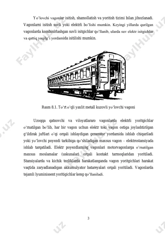 an tarkib topadi. jadval 8.2 yuk vagonlarining texnik kо’rsatkichlari vagonlarning turlari /i ld ir ak о ’ q la ri so n i v ag o n n in g t ar as i, t k u zo v h aj m i, m 3 p o ln in g y u zi , m 2 y u k k о ’ ta ri sh q o b il iy at i, t v ag o n n in g u zu n li g i, m t ar a k o ef fi ts iy en ti g ab ar it о ’ lc h am i yopiq vagon 4 21,8 120,0 38,1 64 14,73 0,35 1-t ochiq vagonlar: poluvagon 4 22,4 64,8 34,7 63 13,92 0,37 01-t poluvagon 6 32,0 102,0 40,9 94 16,40 0,34 1-t poluvagon 8 43,7 137,5 54,7 125 20,24 0,35 1-t platforma 4 21,0 …