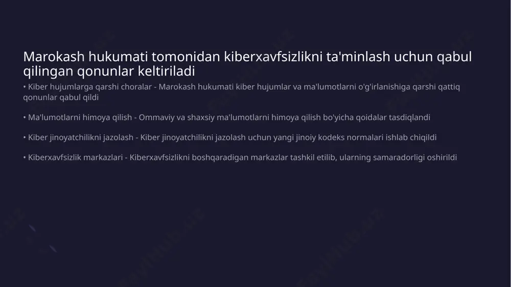 erxavfsizlikni oshirish uchun jamoatchilikni jalb qilishning ahamiyati ko'rsatiladi • jamoatchilikning roli - jamoatchilik kiberxavfsizlikda muhim rol o'ynaydi chunki u axborot va resurslarni almashishda ishtirok etadi • o'zaro ishonchni yaratish - jamoatchilik bilan sog'lom aloqalar o'rnatish kiberxavfsizlik muammolarini hal qilishda yordam beradi thank you for your attention! image1.jpg image2.png image3.jpg image4.jpg image5.jpg image6.jpg /docprops/thumbnail.jpeg