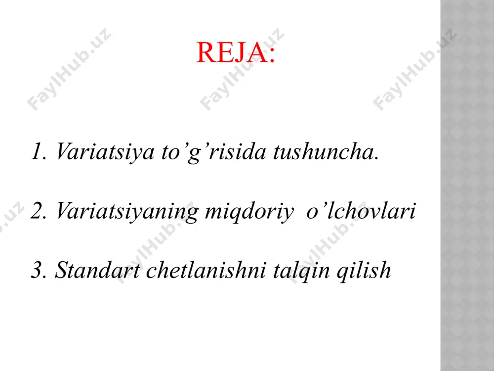 atori 1-to’plam 2-to’plam o’lchovlar 1, 2, 3, 4, 5 2, 3, 3, 3, 4 o’rtacha miqdor 𝒙 ഥ = 𝟏+𝟐+𝟑+𝟒+𝟓 𝟓 = 𝟏𝟓 𝟓 =𝟑 𝒙 ഥ = 𝟐+𝟑+𝟑+𝟑+𝟒 𝟓 = 𝟏𝟓 𝟓 =𝟑 x dan o’lchovlar qiymatining chetlanishi (1-3), (2-3), (3-3), (4-3), (5-3) yoki -2, -1, 0, 1, 2 (2-3), (3-3), (3-3), (3-3), (4-3) yoki -1, 0, 0 ,0, 1 a. 1-to’plam b. 2-to’plam ushbu chetlanishlar qanday ma’lumotlarni o’z ichiga oladi? agar ularning o’lchamlari 1-to’plamdagi kabi juda ham katta bo’lsa, ma’lumotlar juda tarqoq va variatsiya yuqori bo’ladi. agar chetlanish 2 -to’plamdagi kabi sezilarli kichik bo’lsa, ma’lumotlar o’rtacha atrofida to’planadi va shuning uchun ham katt a variatsiyani namoyish qilmaydi. siz ko’rishingiz mumkinki, 2 -rasmda tasvirlangan chetlanishlar tanlama to’plam ko’rsatkichlarining variatsiyasi to’g’risidagi ma’lumotlarni beradi. keyingi qadam bu – ushbu oraliqdagi ma’lumotlarni variatsiyaning yagona sonli o’lchoviga keltirishdir. x bo’yicha chetlanishlarning o’rtachasini topish yordam bermaydi, chunki manfiy va musbat chetlanishlar biri birini yo’qotadi …
