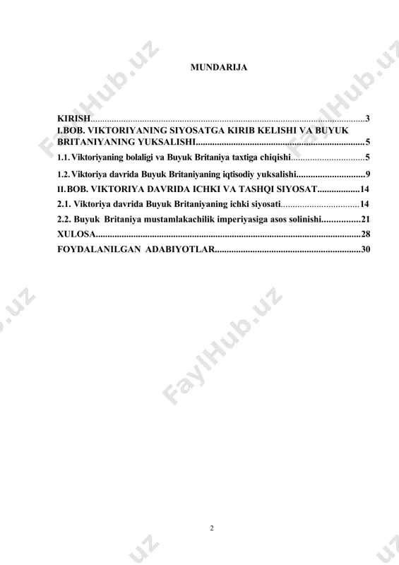 keldi, turmush darajasi asta-sekin oshdi. sanoatning rivojlanishi yangi kasbiy imkoniyatlarni ochib berdi - masalan, mashinistlarga boʻlgan talabning ortib borishi savodli ayollarning katta qismiga hayotlarida birinchi marta ish topishga imkon berdi. bu davrdagi ijtimoiy munosabatlar va qirolicha viktoriya bilan ijtimoiy guruhlarning qarama qarshiligi, mustamlakalar bilan munosabatdagi jarayonlar bir qancha muammolarni keltirib chiqardi. bu muammolarni keltirib chiqargan omillarni tahlil qilish mavzuning dolzarbligi hisoblanadi. mavzuning maqsadi va vazifalari: buyuk britaniyada qirolicha viktoriya davrida amalga oshirilgan ishlari boʻyicha ma’lumot berish bo‘yicha bilim va dunyoqarashni boyitish, ularda noyob tarixiy voqea hodisalarga nisbatan qiziqishni uyg‘otish, fanning tarixiy va nazariy xususiyatlarini hind jamiyatida olib borilayotgan ishlar orqali amalga oshirishga qaratilganligi bilan belgilanadi. arxiv manbalar va adabiyotlarni tahliliy o’rganilib ingiliz siyosati harakatining muommolari ularning o’rganish natijalari, tadqiqotchilar xulosasini qiyoslab yangi asoslarda tadqiq etish. ingiliz xalqining oʻrta asrlar davlatchiligi tarixida amalga oshirilgan siyosat harakatlarining siyosiy-tarixiy jarayonlarida tutgan mavqeini yoritib berishdan iborat. kurs ishi obyekti va predmeti: buyuk britaniya qirolichasi …