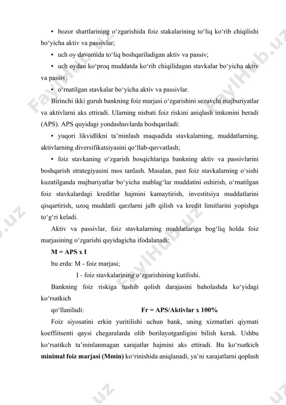 iligi (dmin) : dmin = qr + 0,1qr + mmin + pmin . 2.foiz stavkasini boshqarish usullari bank boshqaruvining asosiy maqsadi foiz marjasini, ya’ni daromad keltiruvchi aktivlari bo‘yicha foizli daromadlari bilan uning majburiyatlari bo‘yicha foizli xarajatlari o‘rtasidagi farqni boshqarish (nazorat) dan iborat. undan tashqari spredga, ya’ni aktivlar bo‘yicha olingan o‘rtacha tortilgan stavkalar bilan majburiyatlar bo‘yicha to‘langan o‘rtacha tortilgan stavkalar o‘rtasidagi farqga e’tibor qaratiladi. foiz stavkasini boshqarishda gep (nomutanosiblik) hisobga olinadi - u bankning fiksirlangan va suzib yuruvchi stavkalardagi aktiv va passivlarining balanslashmaganligini ko‘rsatadi - ba/p. inflyasiya sharoitida foiz stavkalari prognoz qilish juda qiyin, shuning uchun risklarni boshqarishda bankda aktiv portfellarning muddatlari bo‘yicha balanslashtirishga qaratilishi kerak. bu ham juda mushkul, agar bank aktiv va passiv balanslarida suzib yuruvchi va fiksirlangan stavkalarga ega bo‘lsa. shuning uchun foiщ stavkalarni baholash juda muhim. aktiv va passiv portfellarning muddatlari bo‘yicha balanslashtirish foiz spredini, ya’ni foiz riskini aniqlashda yordam beradi. agar balanslashmagan muddatlar munosabati katta daromadni …