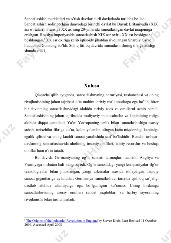 iy munosabatlar va kapitalning roliga alohida diqqat qaratiladi. ya’ni yevropaning tezlik bilan sanoatlashishiga asosiy sabab, tarixchilar fikriga ko’ra, koloniyalardan olingan katta miqdordagi kapitalga egalik qilishi va uning kuchli sanoat yaralishida sarf bo’lishidir. bundan tashqari davlatning sanoatlashuvida aholining insoniy omillari, tabiiy resurslar va boshqa omillar ham o’rin tutadi. bu davrda germaniyaning og’ir sanoati tarmoqlari tuzilishi angliya va fransiyaga nisbatan hali kengroq edi. og’ir sanoatdagi yangi kompaniyalar ilg’or texnologiyalar bilan jihozlangan, yangi uskunalar asosida ishlaydigan haqiqiy sanoat gigantlariga aylandilar. germaniya sanoatlashuvi tarixida qishloq xo’jaligi dastlab alohida ahamiyatga ega bo’lganligini ko’ramiz. uning birdaniga sanoatlashuvining asosiy omillari sanoat inqiloblari va harbiy siyosatning rivojlanishi bilan tushuntiriladi. bu davrda germaniyaning yevropa iqtisodiy motori sifatidagi o’rni yanada oshib bordi. bunda davlatning iqtisodiy sohada yagona boshqaruvchi va iqtisodiy siyosat olib boruvchi nazoratchi ro’lini egallashi muhim ahamiyatga egadir. tadqiqotchilar fikriga ko’ra, ichki bozordagi talabning ortishi iqtisodiy o’sish sifatini yaxshilaydi va iqtisodiyotni me’yorlashtiradi va uni tashqi bozorlarga qaramligini kamaytiradi. germaniyaning …