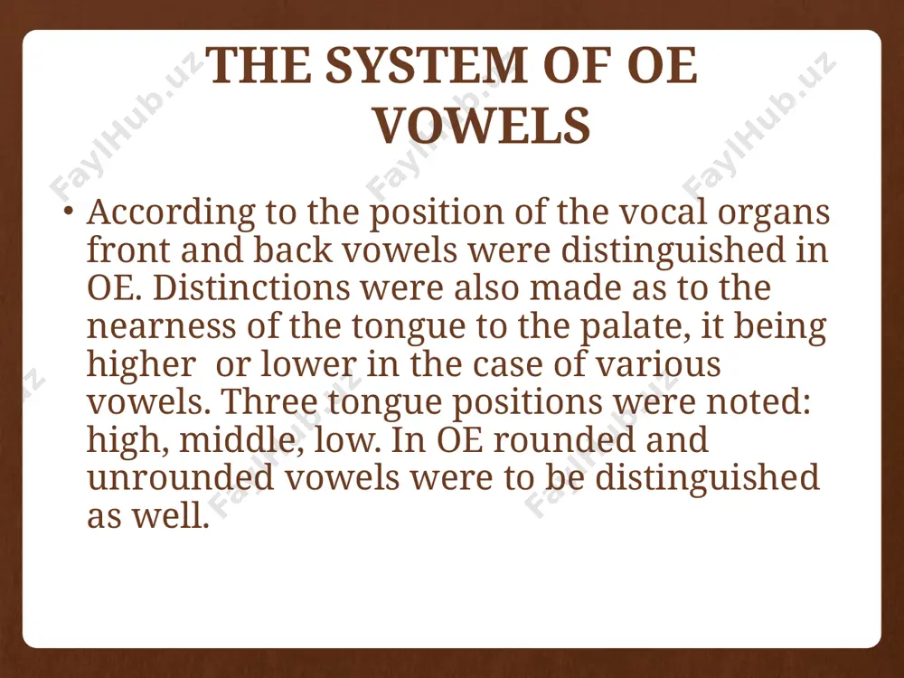 geminates in oe was i-mutation. under certain conditions i-mutation effected not only the root vowel, but the following consonant too. if the root vowel was short, the following consonant was doubled: cnusian  cnyssan (to push) framian  fremman (to frame) however geminates turned out to be rather unstable. having appeared at the beginning of the oe period, they disintegrated at the end of it. in mode doubling of consonants doesn’t indicate length of a sound. it’s rather a graphical device used to denote shortness of the preceding vowel (potter, kiss). in oe there also was an opposition of palatal contsonats to non-palatal ones: /k/ - /k’/; /g/ - /g’/; /x/ - /x’/; /s/ - /s’/ which disintegrated during the mide period. values of consonant letters in oe in the majority of cases each of oe consonant letters represented a single phoneme, but a few of them had two or …