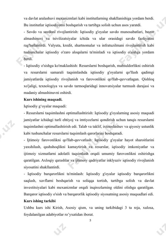 iy barqarorlikni ta'minlash: iqtisodiy g'oyalar iqtisodiy barqarorlikni saqlash, xavflarni boshqarish va soliqqa tortish, tartibga solish va davlat investitsiyalari kabi mexanizmlar orqali inqirozlarning oldini olishga qaratilgan. barqaror iqtisodiy o'sish va barqarorlik iqtisodiy siyosatning asosiy maqsadlari edi. kurs ishing tarkibi ushbu kurs ishi kirish, asosiy qism, va uning tarkibidagi 3 ta reja, xulosa, foydalanilgan adabiyotlar ro’yxatidan iborat. asosiy qism 1. avesto kitobining iqtisodiy g'oyalari. “avesto” kitobi dunyodagi eng qadimiy diniy ta’limotlaridan biri, zardushtiylikning asosiy manbasi va muqaddas bitigidir. u markaziy osiyo mintaqasi, umuman, ulkan turon hududida yashagan xalqlarning islomgacha bo‘lgan davrdagi ijtimoiy-iqtisodiy hayoti, diniy qarashlari, olam to‘g‘risidagi tasavvurlari, an’analari, ma’naviy madaniyatini o‘rganishda muhim ahamiyatga ega. ushbu maqolada “avesto”dagi iqtisodiy qarashlar haqida so‘z boradi. “avesto”da yoshlarning kasb-hunar egallash, oila qurish va uning iqtisodiy g‘oyalari ham pishiq-puxta ishlangan iqtisodiy ta’limotlardan biri ekanligini alohida qayd etish lozim. “avesto”dagi mulkdor bo‘lish, mulkdorlik mas’uliyati va manfaat g‘oyaasi ham, aytish mumkinki, fundamental ishlangan iqtisodiy qarashlardandir. asarda ehtiyojlar masalasi, …