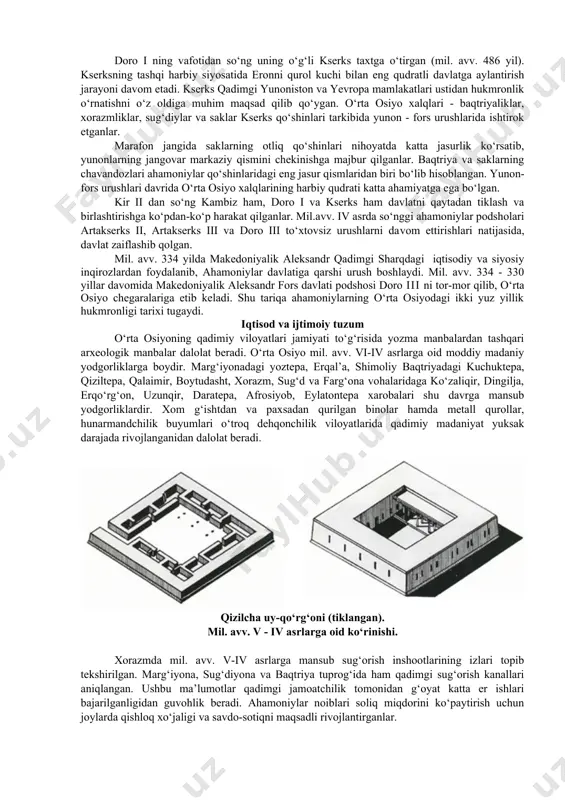 i ning vafotidan so‘ng uning o‘g‘li kserks taxtga o‘tirgan (mil. avv. 486 yil). kserksning tashqi harbiy siyosatida eronni qurol kuchi bilan eng qudratli davlatga aylantirish jarayoni davom etadi. kserks qadimgi yunoniston va yevropa mamlakatlari ustidan hukmronlik o‘rnatishni o‘z oldiga muhim maqsad qilib qo‘ygan. o‘rta osiyo xalqlari - baqtriyaliklar, xorazmliklar, sug‘diylar va saklar kserks qo‘shinlari tarkibida yunon - fors urushlarida ishtirok etganlar. marafon jangida saklarning otliq qo‘shinlari nihoyatda katta jasurlik ko‘rsatib, yunonlarning jangovar markaziy qismini chekinishga majbur qilganlar. baqtriya va saklarning chavandozlari ahamoniylar qo‘shinlaridagi eng jasur qismlaridan biri bo‘lib hisoblangan. yunon-fors urushlari davrida o‘rta osiyo xalqlarining harbiy qudrati katta ahamiyatga ega bo‘lgan. kir ii dan so‘ng kambiz ham, doro i va kserks ham davlatni qaytadan tiklash va birlashtirishga ko‘pdan-ko‘p harakat qilganlar. mil.avv. iv asrda so‘nggi ahamoniylar podsholari artakserks ii, artakserks iii va doro iii to‘xtovsiz urushlarni davom ettirishlari natijasida, davlat zaiflashib qolgan. mil. avv. 334 yilda makedoniyalik aleksandr qadimgi sharqdagi iqtisodiy …