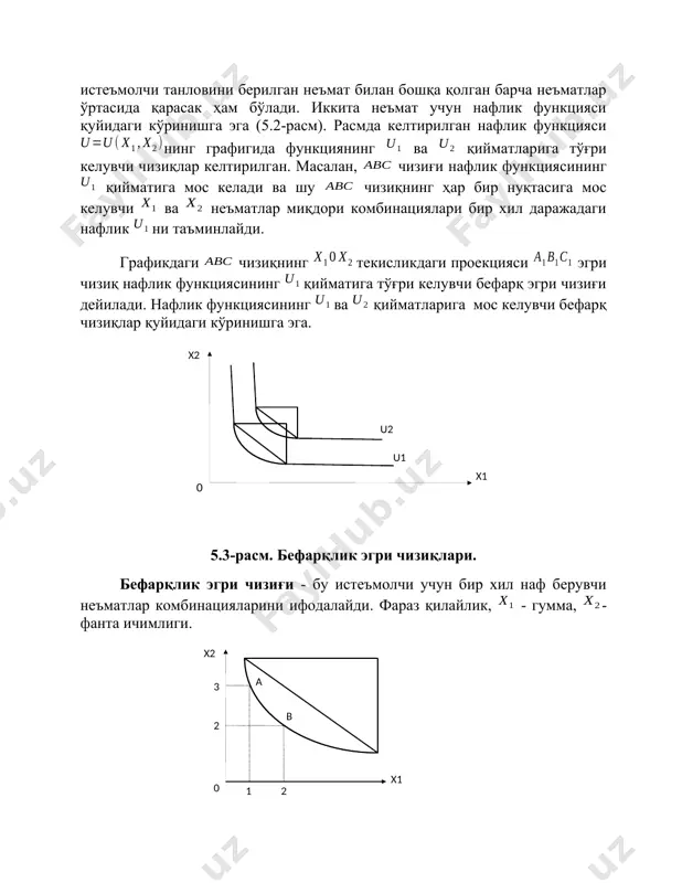 деб ёзиш мумкин. ( x 2 x 1 k v w f l n 0 )неъматларнинг бир-бирини ўрнини босиши. неъматларнинг бир-бирини ўрнини босиш зонаси деб - бир неъмат билан иккинчи неъматни самарали алмаштириш мумкин бўлган оралиқга айтилади (5.6-расм). 5.6-расм. алмаштириш зонаси. расмдаги га тенг бўлган неъматнинг миқдори истеъмолчи учун шундай зарурий минимал миқдор ҳисобланадики, у ушбу миқдордаги неъматнинг ўрнига неъматдан қанча кўп таклиф қилинмасин воз кеча олмайди. худди шундай миқдорга тенг бўлган неъматнинг миқдори ҳам истеъмолчи учун зарурий минимал миқдор ҳисобланади. ва неъматларнинг ўзаро алмашиш соҳаси бўлиб оралиқ ҳисобланади. бу оралиқда, бу икки неъматнинг бир-бири билан алмаштириш мазмунга эга. чекли алмаштириш нормаси. бефарқлик эгри чизиғининг пастга томон ётиқлиги неъматни неъмат билан чекли алмаштириш нормасини ифодалайди. чекли алмаштириш нормаси одатда билан белгиланади. чекли алмаштириш нормаси нинг миқдори горизонтал ўқ бўйича ифодаланган неъматнинг бир бирлиги учун, вертикал ўқ бўйича ифодаланган неъматнинг қанча миқдоридан воз кечиш мумкинлигини кўрсатади. ( x 2 x 2 …