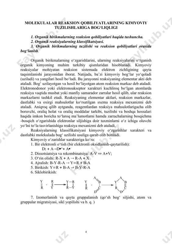 lar-r-o((-x-(,r-o-o-r(peroksidlar) s-elektrofillar- r-s((-x-(, hs(o3x-, so3 galogenlar-f2, cl2, br2, j2 тurli tiplardagi reaksiyalarda organik birikmalarning tuzilishi va reaksion qobiliyati orasidagi o‘zaro bog‘liqlik masalasi nazariy kimyoda markaziy masalalardan biri bo‘lib hisoblanadi. reaksion qobiliyat reaksion tezlik konstantasi, muvozanat konstantasi kabi doimiylar bilan xarakterlanadi (masalan: kislotalilik konstantasi). kislotalik konstantasi organik kislota tuzilishiga bog‘liq va turli o‘rinbosarlarni kislotalilikka ta’sirini xarakterlash uchun qo‘llaniladi. хususan, kislotalilik konstantasidan karbon kislotalarning funksional hosilalari reaksion qobiliyatlarini baholash uchun foydalaniladi. gammet tenglamasi. l. gammet kuzatishi natijasida, murakkab efirlar bilan alkillashda reaksiyaning tezlik konstantasi mos kislota kislotaliligi ortishi bilan tezlashganligi ma’lum bo‘ldi. gammet tomonidan quyidagi reaksiya o‘rganilgan edi: rcooch3 ( (ch3)3n ( rcoo-(ch3)4n( 1935 yil gammet m- va p-almashgan benzol hosilalarining reksion qobiliyatlari konstantasi va mos keluvchi m-va p-almashgan benzoy kislotalar kislotalilik konstantalari orasida o‘zaro bog‘liqlik borligini aniqladi. bu quyidagi tenglama bilan ifodalangan edi (1937): lgk ( lgko ( p lg[k(ko] bu yerda k-benzoy siklida o‘rinbosar bo‘lgan benzoy kislota hosilasi kislotalilik konstantasi; …