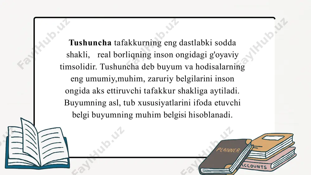 ushunchalar to'plami degan ma'noni anglatadi. kategoriya — bu narsalarni o‘xshashliklariga qarab guruhlarga ajratishdir. masalan: mevalarni "shirin" (olma, uzum) va "nordon" (limon, anor) deb ajratish. kiyimlarni "erkaklar kiyimi", "ayollar kiyimi" yoki "bolalar kiyimi" deb bo'lish. bu narsalarni oson topish va tartibga solish uchun yordam beradi. axloq kategoriyalari quyidagi asosiy tushunchalardan iborat: - burch: shaxsning jamiyatga bo'lgan mas'uliyati. - vijdon: ichki axloqiy his-tuyg'ular va qoidalar. - or-nomus: shaxsning obro'si va axloqiy qadr-qimmati. - halollik: to'g'ri va adolatli xatti-harakatlar. - adolat: o'zaro munosabatlarda tenglik va haqqoniylik. axloq me’yorlarining asosiy jihatlari: jamiyatga moslik: ular jamiyatdagi odob va madaniyat qoidalariga asoslangan bo‘ladi. masalan, kattalarga hurmat qilish yoki yordamga muhtojlarga ko‘mak berish. xatti-harakatni boshqarish: insonning o‘zini tutishiga yo‘l-yo‘riq ko‘rsatadi. masalan, yolg‘on gapirmaslik, birovning haqiga tegmaslik. subyektivligi: axloq me’yorlari joylashuv, davr va madaniyatga qarab o‘zgarishi mumkin. bir jamiyatda qabul qilingan axloq boshqa jamiyatda farqli bo‘lishi mumkin. o‘z-o‘zini nazorat qilish: axloq qoidalarini odatda qonun kabi kuch bilan emas, …
