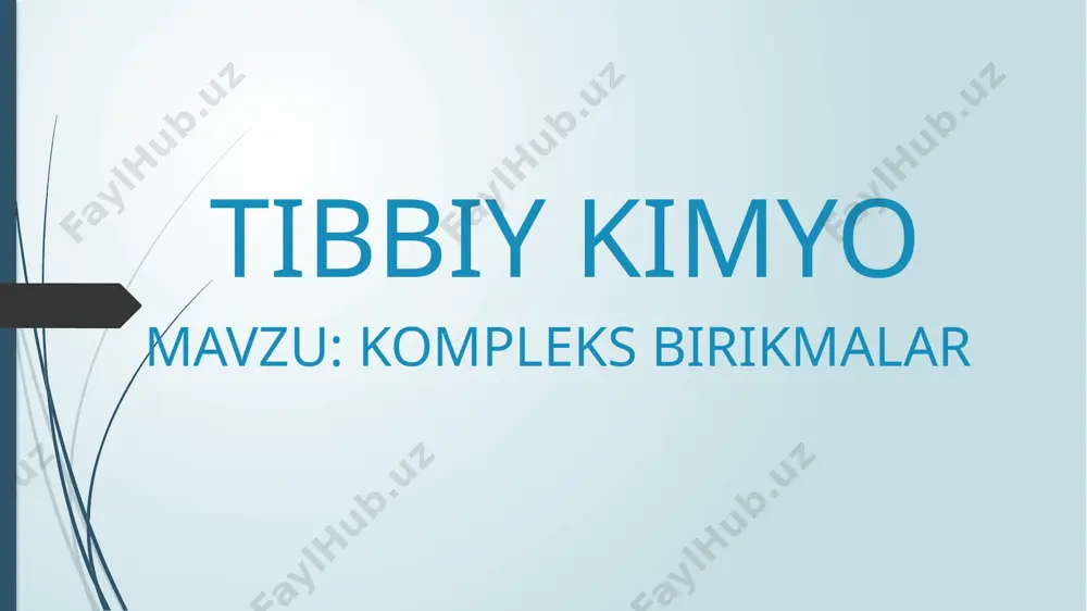 a tushuntirdi. bu nazariyaga ko’ra: kompleks birikmada markaziy o’rinni kompleks hosil qiluvchi - zaryadlangan metal atomi (kation) egallaydi. kompleks hosil qiluvchi ion yoki atom atrofida u bilan bog’langan ma’lum sondagi anionlar yoki neytral molekulalar bilan o’ralgan bo’ladi. bu anion yoki molekulalar ligandlar deyiladi. ularning soni esa, koordinatsion son . deyiladi. kompleks hosil qiluvchi va ligandlar ichki sferani tashkil etadi va kvadrat qavs ichiga olinadi. ichki sferaga kirmagan ionlar tashqi sferani tashkil etadi. ┌─ ─┐ k + │ cn - cn - │ k + │ cn- fe 3+ cn - │ k 3 [fe(cn)6] k+ │ cn - cn- │ └─ ─┘ kompleks birikmalar hosil bolishi koordinatsion birikmalar hosil qilish uchun birikish, almashinish, oksidlanish -qaytarilish reaksiyalaridan foydalaniladi. hosil qilingan koordinatsion birikmani reaksion aralashmadan ajratib olish ham katta ahamiyatga ega. buning uchun: 1) erituvchini bug'latib konsentrlangan reaksion aralashma hosil qilib, uni muz va tuz aralashmasi bilan sovutib yoki unga shu moddaning …