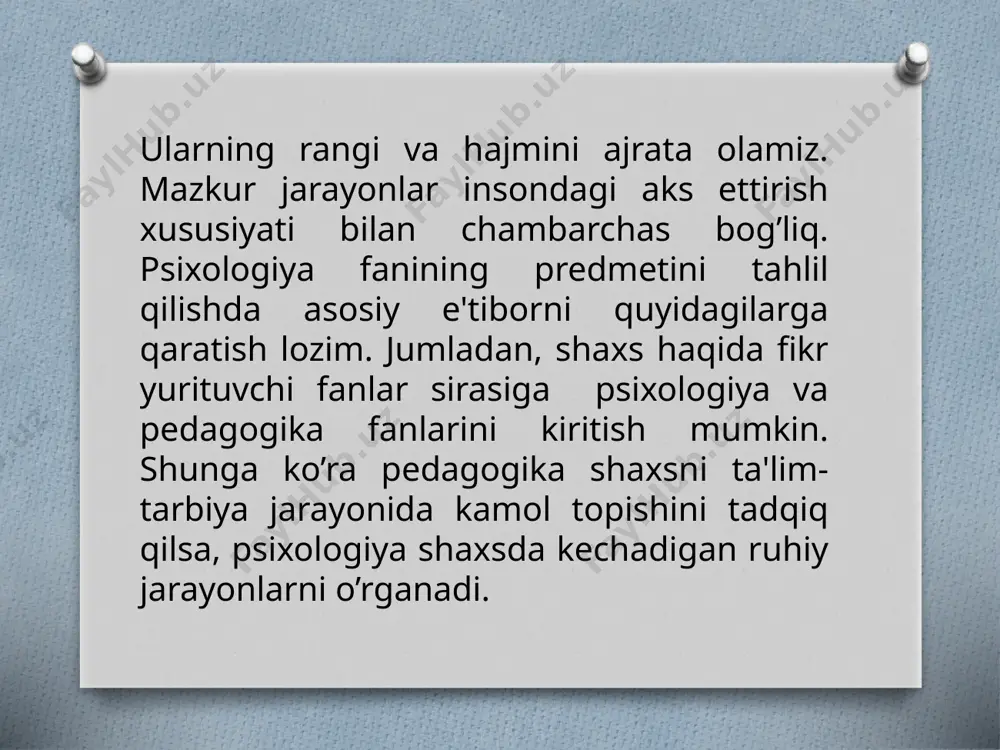 limlar, dastavval, yaqqol va alohida olingan holat, vaziyatni o’z ichiga qamrab oladi. masalan, sinchkov bola o’z muddaosiga yetish uchun otasiga, onasiga, buvasiga, opasi hamda akasiga har xil uslub bilan ta'sir o’tkazadi, turlicha vositalardan foydalanadi. u ko’zlangan maqsadiga erihish uchun katta yoshdagi odamlarning individual-tipologik xususiyatlarini hisobga olgan holda ish tutadi. kundalik turmushga oid psixologik bilimlar aniq vaziyatga qaratilganligi, biror shaxsga yo’naltirilganligi bilan ilmiy psixologik bilimlardan farq qiladi. ilmiy psixologiya esa muayyan metodlar, vositalar, uslublar, usullar, operatsiyalar yordamida ma'lumotlar to’plash va ularni umumlashtirishga intiladi, izlanyotgan ob'ektning xususiyati, holati, munosabati, bog’lanishi kabilarni aks ettiruvchi ilmiy tushunchalar, ta'riflar, qonuniyatlar, xossalar yordamida psixologik mexanizmlar kashf qilishga harakat qiladi. e`tiboringiz uchun raxmat image3.jpeg image4.png /docprops/thumbnail.jpeg