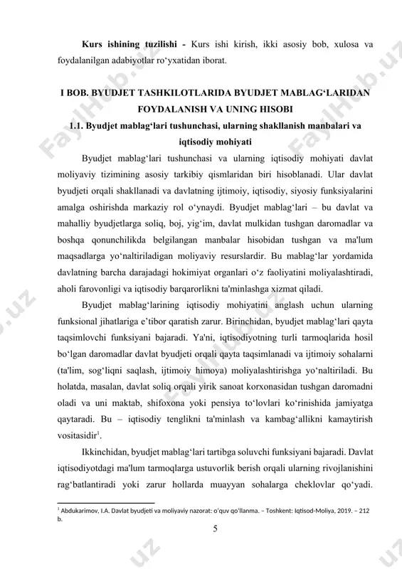 ablag‘larining tartibga soluvchi mexanizmi orqali amalga oshiriladi. uchinchidan, byudjet mablag‘lari nazorat funksiyasini bajaradi. ya’ni, davlat tomonidan ajratilgan mablag‘larning belgilangan maqsadlar bo‘yicha ishlatilishini nazorat qilish orqali qonuniylik, shaffoflik va samaradorlik ta'minlanadi. masalan, har yili byudjet ijrosi bo‘yicha davlat moliyaviy nazorati yoki oliy audit tashkilotlari tomonidan tekshiruvlar o‘tkaziladi va ularning natijasida mablag‘lardan noto‘g‘ri foydalangan tashkilotlar javobgarlikka tortiladi. byudjet mablag‘lari quyidagi asosiy manbalar hisobiga shakllanadi: 1) soliqlar va yig‘imlar (masalan, daromad solig‘i, qqs, mol-mulk solig‘i); 2) davlat mulkidan tushadigan daromadlar (ijara haqlari, dividendlar); 3) xalqaro moliyaviy yordam (grants, kreditlar); 4) qimmatli qog‘ozlar chiqarish orqali jalb qilingan mablag‘lar. har bir manba o‘z iqtisodiy xususiyatiga ega. masalan, daromad solig‘i – fuqarolarning yillik daromadlaridan undiriladigan soliq bo‘lib, davlatning ijtimoiy siyosatini yuritishda muhim ahamiyatga ega. davlat mulkidan tushgan daromadlar esa, aksincha, ishlab chiqarish resurslaridan foydalanish samaradorligiga bog‘liq[footnoteref:2]. [2: akramov, k.b. byudjet hisoboti va tahlili. – toshkent: iqtisodiyot, 2020. – 180 b.] byudjet mablag‘larining iqtisodiy mohiyati ularning xarajat …
