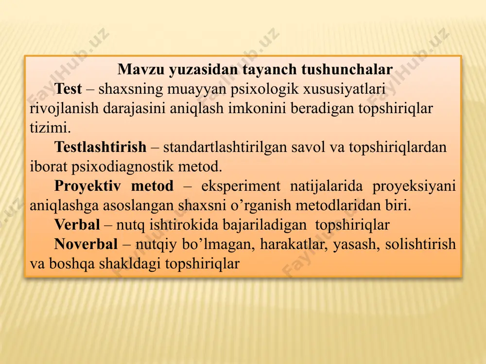 kcha aniqlash, bilish degan ma’noni anglatadi) - shaxs individual-psixologik xususiyatlarining ayni vaqtdagi holatiga baho berish, rivojlanishini oldindan aytib berish, ya’ni prognoz qilish va psixodiagnostik tekshirish vositalarini ishlab chiqishga qaratilgan psixolog faoliyatining so’nggi natijasidir psixodiagnostika psixologiyaning boshqa sohalari – umumiy psixologiya; ijtimoiy psixologiya, differensial psixologiya, tibbiyot psixologiyasi, yosh davrlari psixologiyasi, psixologik maslahat, harbiy psixologiya, mehnat va sport psixologiyasi bilan uzviy aloqada bo’ladi. psixodiagnostika fani ta’lim-tarbiya amaliyotida, pedagogik faoliyatda alohida ahamiyatga ega. bu sohada psixodiagnostik tadqiqotlar muayyan vazifalarni hal qiladi. «psixodiagnostika» atamasi ilk bor rorshaxning «psixodiagnostika» asari chop etilishidan so‘ng psixiatriyada qo‘llaniladigan bo‘lib, u tez orada tibbiyotdan tashqarida ham keng miqyosda ommalasha boshladi. «diagnoz», ya'ni «tashxis» esa shaxs rivojlanishidagi har qanday og‘ishlarni, hattoki uning holat va xususiyatlarining konkret taraqqiyot darajasini aniqlash demakdir. psixodiagnostika fanining nazariy vazifalari quyidagilardan iborat: -psixik ko‘rinishlar tabiati va ularni ilmiy jihatdan tamoyilial baholashning imkon darajasini aniqlashtirish; -hozirgi paytda psixologik ko‘rinishlarning miqdorini baholash va uning ilmiy asoslanganlik holatini o‘rganish; …