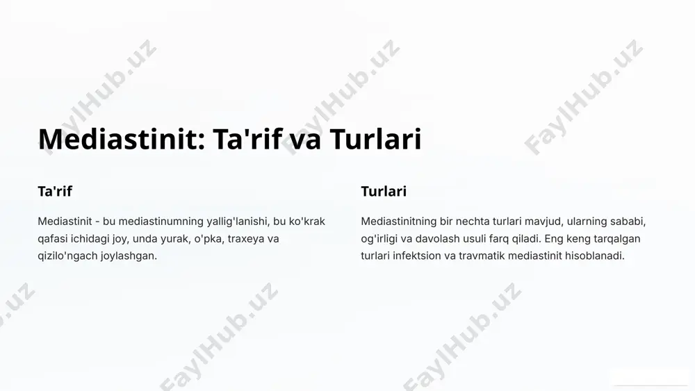 oshqarish uchun dori-darmonlar va boshqa usullar qo'llaniladi. 2 fizioterapiya fizioterapiya tiklanishni tezlashtirish va harakatlanish doirasini qaytarish uchun muhimdir. 3 to'liq tiklanish bemorlarning aksariyati to'liq tiklanish uchun 6-8 hafta kerak bo'ladi. 7 xulosa va keyingi qadamlar zamonaviy mediastinitlar jarrohligi bemorlar uchun xavfsizlik va tiklanishni tezlashtirishni ta'minlaydi. minimal invaziv jarrohlik, laparoskopiya va robotika kabi usullar qo'llanilib, bemorlarning hayot sifatini yaxshilaydi. kelajakda ushbu sohada yangi texnologiyalar va davolash usullari paydo bo'ladi deb kutish mumkin. 8 image1.png image2.png image3.png image4.png image5.png image6.png image7.png image8.png image9.png image10.png image11.png image12.png image13.png