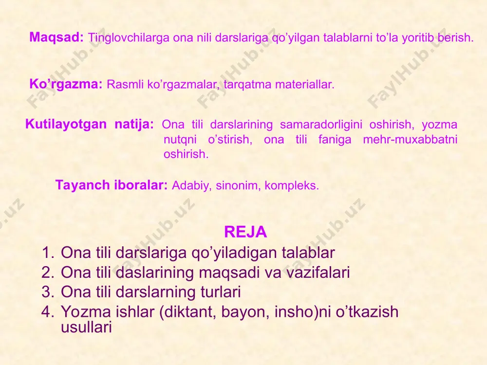 ulotlar turi va mazmuni o’qish, yozuv, grammatik materialni o’rganish, kuzatishlar hamda o’quvchilarning ijtimoiy faoliyatlari bilan bog’liq holda ularning og’zaki va yozma nutqini o’stirish. birinchi sinfga kelgan bolalarga o’rgatish, ya’ni ularni elementar o’qish va yozishga o’rgatish, bu ko’nikmalarni takomillashtira borib, malakaga aylantirish. adabiy til normalarini, ya’ni imloviy va punktuatsion savodli yozuvni, orfoepik to’g’ri talaffuzni o’rganish, ifodali nutq va stilistik (uslubiy) elementlarni egallash. grammatika, fonetika, leksinadan nazariy materiallarni o’rganish, tildan ilmiy tushunchalar sistemasini shakllantirish. o’quvchilarni o’qish va grammatika darslari orqali badiiy, ilmiy ommabop va boshqa adabiyotlar na’munasi bilan tanishtirish, ularda adabiy asarni idrok etish ko’nikmasini hosil qilish. dars tiplari yangi bilim berish darslari takrorlash va umum-lashtirish darslari aralash darslar mustahkamlash darslari bilim, malakalar tekshirish va baholash darslari bulardan tashqari diktant bayon va insholar yozish darslari ham o’tkaziladi. har bir dars tipida amalga oshiriladigan vazifalar o’qituvchi diqqat markazida bo’lishi lozim. yangi bilim berish darslari vazifalari: - o’quvchilar ongida muayyan mavzu asosida yangi tushunchalarni …