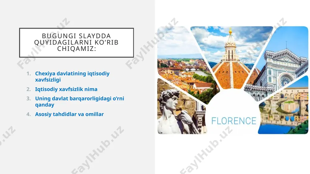 rivojlantirish - janubiy mintaqalarning infratuzilmasini rivojlantirish - kichik va o‘rta korxonalarni qo‘llab-quvvatlash 6. yevropa ittifoqi doirasidagi xavfsizlik siyosati - italiya yei ning asosiy a’zolaridan biri (1957 yildan) - yei fondlari orqali iqtisodiy tiklanish rejasi (nextgenerationeu) - yagona bozor va valyuta (evro) orqali iqtisodiy integratsiya - energetika va raqamli transformatsiya sohalarida yei bilan hamkorlik 7. statistik jadval (2021–2023) ko‘rsatkich 2021 2022 2023 yaim (trln $) 2.1 2.2 2.2 inflyatsiya (%) 1.9 8.1 5.9 ishsizlik (%) 9.5 8.1 7.4 8. xulosa italiya iqtisodiy xavfsizligi barqarorlik va xavflar o‘rtasidagi muvozanatda saqlanmoqda. davlat strategik tarmoqlarda mustaqillikni oshirish, moliyaviy intizomni kuchaytirish va yei bilan hamkorlikni rivojlantirish orqali iqtisodiy suverenitetni mustahkamlashga intilmoqda. foydalanilgan adabiyotlar 1. istat — italian national institute of statistics 2. imf italy country report — www.imf.org 3. world bank italy overview — www.worldbank.org 4. eurostat — https://ec.europa.eu/eurostat image1.png image2.png image3.png /docprops/thumbnail.jpeg