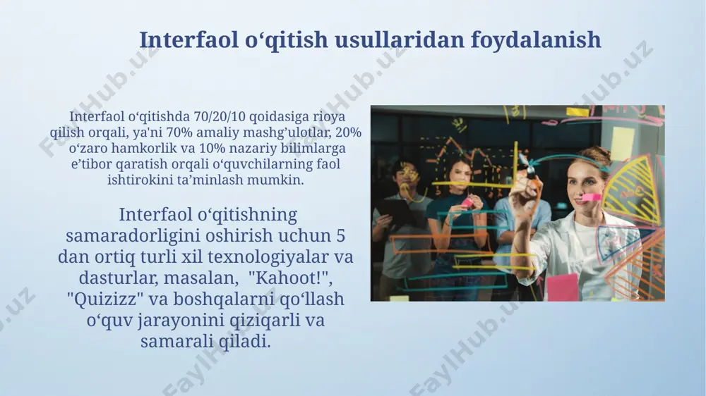 slubini (masalan, individual, guruhli, hamkorlikda) birlashtirish, o‘quvchilarning 70% faol ishtirokini ta’minlaydi va natijada bilim o‘zlashtirish darajasini 20% ga oshiradi. o‘quv jarayoniga zamonaviy texnologiyalarni (masalan, taqdimotlar, onlayn platformalar) integratsiya qilish, 45 daqiqalik darsni 5 ta turli xil faoliyatga bo‘lish imkonini berib, o‘zlashtirish samaradorligini 15% ga oshiradi. e'tiboringiz uchun rahmat @taqdimot_robot image4.png image5.jpg image6.jpg image7.jpg image8.jpg image9.jpg image10.jpg image11.jpg image12.jpg image13.jpg image3.jpeg