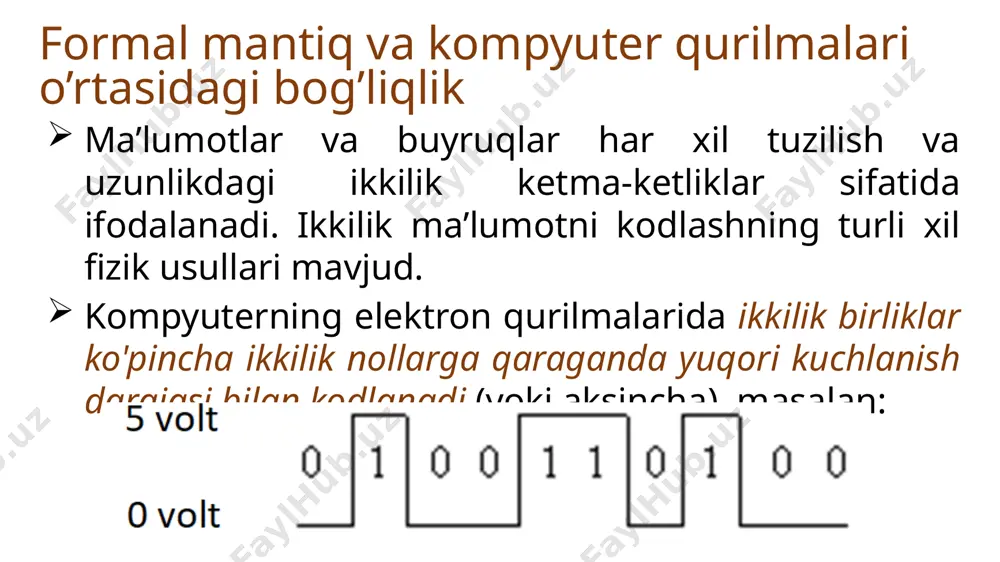 lmaydi va befoyda ko’rinishi mumkin. shu bilan birga, analog darajada bufer ishlab chiqilayotgan qurilmaning normal ishlashi uchun zarur bo’lgan xususiyatlarni taqdim etishi mumkin. bufer, masalan, elektrodvigatekga katta tokni o’tkazish yoki signalni bir vaqtning o’zida bir nechta mantiqiy elementlarga tez uzatish uchun kerak. bu, agar biz ushbu tizimni to’liq tushunishni istasak, har qanday tizimni bir necha darajadagi abstraktsiyadan ko’rib chiqish zarurligini isbotloshga yana bir misol. buferni faqat abstraktsiyaning raqamli darajasi pozitsiyasidan ko’rib chiqish, uning haqiqiy funksiyasini aniqlashga imkon bermaydi. va mantiqiy ventili ikkita kirish signallga ega bo'lgan mantiqiy ventillar emas ventili va buferga qaraganda ancha qiziqroq. rasmda ko’rsatilgan va (and gate) ventili, faqat a va b kirishlari chin bo’lsagina, y qiymati chin qiymatni chiqaradi. qolgan barcha hollarda, chiqish signali y yolg’on qiymatga ega bo’ladi. va mantiqiy elementi uchun bul mantig’i bir necha usul bilan yozilishi mumkin: y = a • b, y = ab yoki y = a ∩ b. yoki …