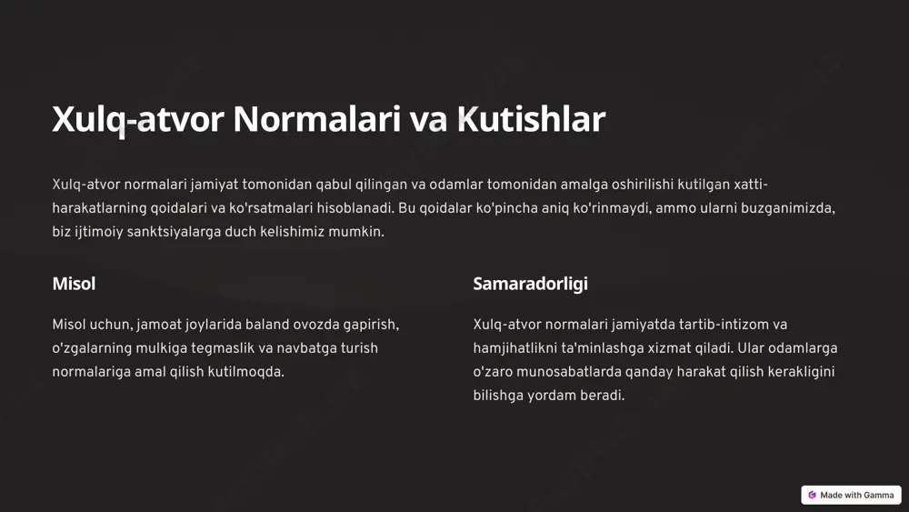 dam berishdir. shifokor shifokorning roli bemorlarni davolash, ularning sog'lig'ini saqlash va kasalliklarga qarshi kurashishdir. 4 imitatsiya va o'zlashtirish imitatsiya - bu boshqa odamlarning xatti-harakatlarini takrorlash. odamlar, ayniqsa bolalar, o'zlarini qanday tutishni o'rganish uchun o'z atrofida yashaydigan odamlarning xatti-harakatlarini kuzatadilar va takrorlaydilar. 1 bolalar ota-onalaridan va o'qituvchilardan xulq-atvor normalarini o'rganadilar. 2 jamiyatdagi boshqa odamlar, do'stlar, hamkasblar va boshqalarning xatti-harakatlari ta'sir ko'rsatadi. 3 o'zlashtirish orqali xatti-harakatlarning qoidalarini o'zlashtiradi. 5 shaxs va guruhlarning o'zini-o'zi nazorat qilish shaxs o'zini-o'zi nazorat qilish - bu xatti-harakatlarini ichki qoidalar va me'yorlarga muvofiq boshqarish qobiliyati. bu o'z-o'zini tartibga solish, xatti-harakatlarni rejalashtirish va o'zini nazorat qilishni o'z ichiga oladi. 1 qoidalar va me'yorlar 2 xatti-harakatlarni rejalashtirish qanday harakat qilish kerakligini oldindan o'ylash. 3 o'zini nazorat qilish his-tuyg'ular va impulsiv xatti-harakatlarni boshqarish. 6 shaxsiy me'yorlar va ichki nazorat shaxsiy me'yorlar - bu odamning o'ziga qo'yadigan ichki qoidalar va tamoyillar. ular shaxsning qadriyatlari, e'tiqodlari va axloqiy prinsiplariga asoslanadi. ichki nazorat esa …