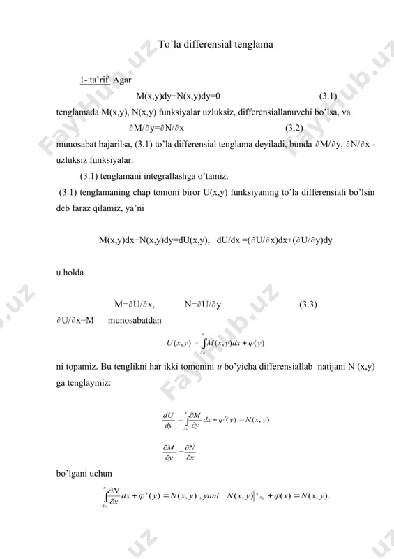 to’la differensial tenglama deyiladi, bunda m/ y, n/ x - uzluksiz funksiyalar. (3.1) tenglamani integrallashga o’tamiz. (3.1) tenglamaning chap tomoni biror u(x,y) funksiyaning to’la differensiali bo’lsin deb faraz qilamiz, ya’ni m(x,y)dx+n(x,y)dy=du(x,y), du/dx =( u/ x)dx+( u/ y)dy u holda m= u/ x, n= u/ y (3.3) u/ x=m munosabatdan ni topamiz. bu tenglikni har ikki tomonini u bo’yicha differensiallab natijani n (x,y) ga tenglaymiz: bo’lgani uchun yoki demak shunday qilib ko’rinishda bo’ladi. du=0 bo’lganda , u(x,y)=c. demak, umumiy integral (3.4) integrallovchi ko’paytuvchi (3.1) tenglamada (3.2) munosabat bajarilmasin. ba’zan shunday funksiyani tanlab olish mumkinki, (3.1) tenglamani shu funksiyaga ko’paytirganda tenglamaning chap tomoni biror funksiyaning to’la differensialini ifodalaydi. bunday tanlangan ((x,y) funksiyaga (3.1) tenglamaning integrallovchi ko’paytuvchisi deyiladi. ((x,y) ni topish usuli: (3.1) ni ((x,y) ga ko’paytiramiz (mdx+(ndy=0 keyingi tenglama to’la differensialli tenglama bo’lishi uchun (3.2) munosabat bajarilishi zarur va etarli: oxirgi tenglamaning har ikki qismini ( ga bo’lib (3.5) munosabatni hosil qilamiz. …