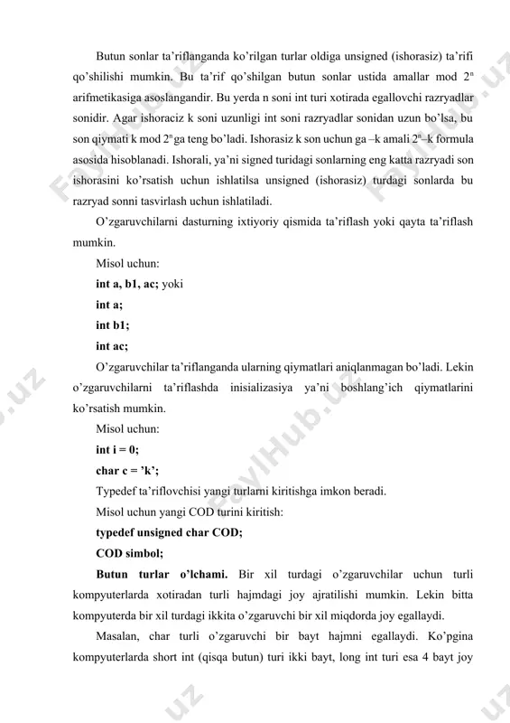 rpretasiya qilish mumkin. ascii belgilari deganda kompyuterlarda qo’llaniladigan standart belgilar to’plami tushuniladi. ascii - bu american standard code for information interchange (amerikaning axborot almashinishi uchun standart kodi) degan ma’noni anglatadi. misol uchun ‘x’,’*’,’\012’,’\0’,’\n’- bitta simvolli konstanta; ‘dd’,’\n\t’,’\x07\x07’ ikki simvolli konstantalar. c kompilyatorida tekstlarni formatlovchi bir nechta maxsus belgilardan foydalaniladi. (ulardan eng ko’p tarqalgani jadvalda keltirilgan). maxsus belgilar axborotlarni ekranga, faylga va boshqa chiqarish qurilmalariga chiqarishda formatlash uchun qo’llaniladi. maxsus '\' simvolidan boshlangan simvollar eskeyp simvollar deyiladi. simvolli konstanta qiymati simvolning kompyuterda qabul qilingan sonli kodiga tengdir. esc (eskeyp) simvollar jadvali: yozilishi ichki kodi simvoli(nomi) ma’nosi \a 0x07 bel (audible bell) tovush signali \b 0x08 bs (bascspase) bir qadam qaytish \f 0x0c ff (form feed) sahifani o’tkazish \n 0x0a lf (line feed) qatorni o’tkazish \r 0x0d cr (carriage return) karetkani qaytarish \t 0x09 ht (horizontal tab) gorizontal tabulyasiya \v 0x0b vt (vertical tab) vertikal tabulyasiya \\ 0x5c \ (bacslash) teskari chiziq …