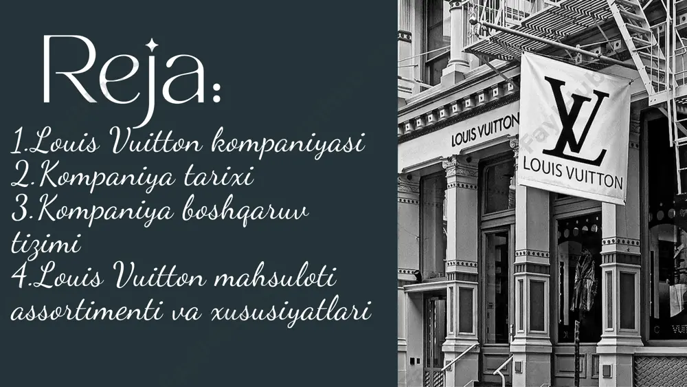 r modellari: speedy, neverfull, alma. • kiyim-kechak: erkaklar va ayollar uchun hashamatli kiyimlar. • oyoq kiyimlar: nafis dizaynga ega oyoq kiyimlar. • aksessuarlar: soatlar, ko'zoynaklar, kamarlar, zargarlik buyumlari. • parfyumeriya: unikal hidlar kolleksiyasi. mahsulot assortimenti • louis vuitton mahsulotlari qo'lda yasalgan bo'lib, ularning sifati va dizayni dunyoda tan olingan. • brend ko'pincha soxta mahsulotlar nishoniga aylanadi, chunki u yuqori darajadagi hashamat timsoli hisoblanadi. • har bir mahsulot noyob identifikatsiya kodiga ega bo'lib, bu uning haqiqiyligini tasdiqlaydi. louis vuitton xususiyatlari louis vuitton yakuniy xulosa louis vuitton dunyodagi eng nufuzli va qadimiy hashamatli brendlardan biri bo'lib, o'zining yuqori sifatli mahsulotlari va o'lmas dizayni bilan tanilgan. brendning muvaffaqiyati innovatsiya va an'analarni uyg'unlashtirish, strategik boshqaruv va global miqyosdagi ishonchli pozitsiyasiga asoslangan.louis vuitton nafaqat moda olamida, balki global iqtisodiyotda ham o'z o'rniga ega bo'lib, hashamatli mahsulotlar sanoatida mutlaq yetakchi sifatida tanilgan. bu kompaniya o'zining o'lmas uslubi va strategik boshqaruvi tufayli kelajakda ham dunyo bozorida yetakchi …