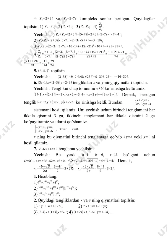 uqtani birlashtiruvchi kesma uzunligi ga kompleks sonning moduli deyiladi va kabi belgilanadi. pifagor teoremasiga asosan bo’lishi ravshan. vektor bilan o’qi orasidagi burchakka kompleks sonning argument deyiladi va kabi belgilanadi. demak, . 1-chizmadan ko’rinadiki, , yoki bo’lib, bular yordamida kompleks sonning argumentini topish mumkin. ulardan ifodalarga ega bo’lib, bundan esa kompleks sonni ko’rinishda yozish mumkinligini aniqlaymiz. kompleks sonning bu ko’rinishiga uning trigonometrik shakli deyiladi. kompleks sonni bunday ko’rinishda yozilishi bir qator qulayliklarga olib keladi. aytaylik va kompleks sonlar berilgan bo’lsin. bu yerda , , va . u holda va lar quyidagicha aniqlanadi. ; . trigonometrik shaklda berilgan kompleks son uchun va larni quyidagicha aniqlash mumkin: ; bu formulalarni muavr formulalari deyiladi. 1. ; ; ; ; ; sonlarni tekislikda tasvirlang. yechish: ni ko’rinishda yozish mumkin. demak, bo’lib, berilgan sonning geometrik tasviri nuqtadan iborat. ni ko’rinishda yozish mumkin. demak, bo’lib, berilgan sonning geometrik tasviri nuqtadan iborat bo’ladi. da bo’lgani uchun uning geometrik …