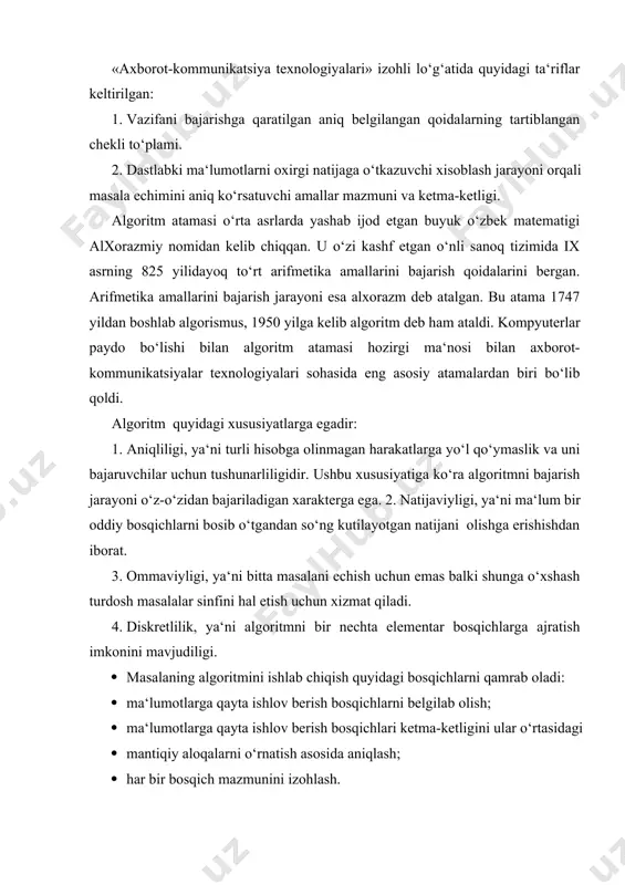 lgoritmlashtirish natijalari hisoblash chizmalari ko‘rinishida rasmiylashtiriladi, hisoblash chizmalarini tasvirlashning bir necha usullari mavjuddir. bularga so‘z asosida, operatorlar va blok-chizmalar shakllari kiradi. misol. quyidagi formula asosida v kattalikning qiymatini hisoblash algoritmini so‘zlar asosida keltiring. n v = ai i=1 natijaviy summani quyidagi ko‘rinishda berish mumkin: b = a1 + a2 + a3 + a4 + . . . + an b = b + ai. echimi. 1. v kattalikni nolga teng deb olish kerak. ikkinchi bosqichga o‘ting. 2. i –ni birga teng deb olish kerak. uchinchi bosqichga o‘ting. 3. v-ni v qo‘shilgan ai deb olish kerak. to‘rtinchi bosqichga o‘ting. 4. i-ni n –ga teng yoki kattaligini tekshiring. agar ha bo‘lsa 6-chi bosqichga o‘tish kerak, aks holda beshinchi bosqichga o‘ting. 5. i –ni bittaga oshirish kerak. uchinchi bosqichga o‘ting. 6. hisoblash jarayonini to‘xtating. algoritmni so‘z bilan izohlashning kamchiligi bo‘lib hisoblashlar jarayonini yaqqol qilib taqdim eta olinmaslik xisoblanadi. lekin, ushbu usul bilan algoritmlarni …