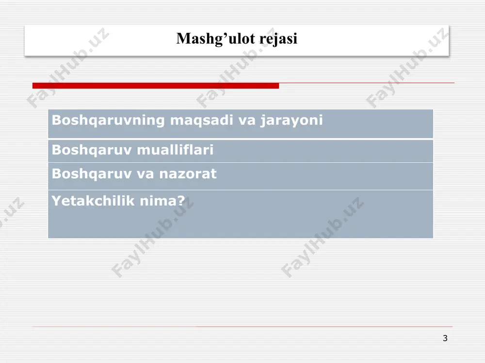 ol har qanday tashkilotga tegishli bo'lgan beshta boshqaruv funktsiyasini aniqladi. shaxslar va guruhlarning harakatlarini o'lchash va tuzatish, ularning ko'rsatkichlari rejalarga muvofiqligini ta'minlash. rejalardan chetlanishlarni aniqlash va bartaraf etish boshqaruv tashkilot ichidagi shaxslar va guruhlarning maqsadlari va faoliyatini uyg'unlashtirish. boshqaruv yondashuv, harakat, qiziqish va vaqt oralig'idagi farqlarni umumiy (yoki "yuqori") umumiy maqsadlar foydasiga muvofiqlashtirishi kerak. muvofiqlashtirish qo'l ostidagilarga menejer vakolati (qaror qabul qilish) va javobgarlik (amalga oshirish uchun) bo'lgan vazifalarni bajarish bo'yicha ko'rsatmalar berinsh. buyruq tashkilotning maqsadlariga erishish uchun bajarilishi kerak bo'lgan vazifalar tuzilmasini yaratish; bu vazifalarni alohida shaxslar yoki jamoalar uchun guruhlash; ish o'rinlarini bo'limlar va bo'limlar bo'yicha taqsimlash; ishlarni bajarish uchun vakolatlarni topshirish; faoliyatni muvofiqlashtirish uchun axborot-kommunikatsiya tizimlarini taqdim etish tashkillashtirish tashkilot va uning bo'linmalari uchun maqsadlarni, shuningdek, ushbu maqsadlarga erishish uchun strategiyalar, siyosatlar, dasturlar va tartiblarni aniqlash. rejalashtirish izoh funktsiya 31.03.2023 11 f. v. teylor: ilmiy boshqaruv teylor muhandis bo’lgan va eng samarali usullarni qidirgan. fridrix teylor (1856-1915) …
