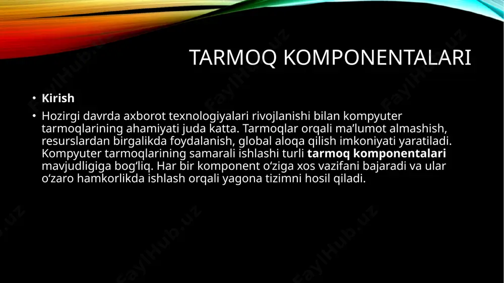 rmoq komponentalarining o‘zaro ishlashi kompyuter tarmoq adapteri orqali switch yoki routerga ulanadi. router orqali tashqi tarmoqlarga (masalan, internetga) chiqiladi. protokollar ma’lumot almashinuvini standartlashtiradi. server dasturlari foydalanuvchilarga turli xizmatlarni taqdim etadi. xulosa tarmoq komponentalari — bu kompyuter tarmog‘ining yuragi hisoblanadi. har bir apparat va dasturiy vosita o‘z vazifasini to‘g‘ri bajargandagina tarmoq samarali ishlaydi. bugungi kunda kichik ofislardan tortib global internetgacha bo‘lgan barcha tarmoqlar aynan shu komponentalar orqali shakllanadi hub qurilmasi hub – bu tarmoq qurilmasi bo‘lib, bir nechta kompyuterlarni (yoki boshqa qurilmalarni) bitta mahalliy tarmoq (lan) ga ulash uchun ishlatiladi. u ko‘proq kichik tarmoqlarda qo‘llanadi. hubning asosiy vazifasi – bir port orqali kelgan signallarni barcha boshqa portlarga uzatishdir. hubning ishlash prinsipi tarmoqdagi kompyuter ma’lumot yuborganda, u hub orqali o‘tadi. hub kelgan ma’lumotni barcha portlarga (barcha qurilmalarga) uzatadi. natijada kerakli kompyuter ma’lumotni qabul qiladi, qolganlari esa uni inkor qiladi. hub turlari aktiv hub – elektr signallarni kuchaytirib, uzoqroq masofaga uzatadi. passiv hub …