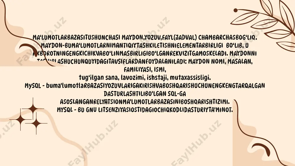 ma’lumotlarning yaxlitligi hamda muvofiqligini ta’minlaydi. bu xatolik sodir bo‘lganda o‘zgarishlarni bekor qilish imkonini beradi. •dcl – data control language. mb obyektlaridan foydalanishni boshqarish tili. bunday so‘rovlar ma’lum foydalanuvchilarga kirish huquqini berish yoki qaytarib olish imkonini beradi. dcl so‘rovlari yordamida mbda saqlanadigan ma’lumotlarning xavfsizligi ta’minlanadi. lorem ipsum dolor sit amet, consectetur adipiscing elit. vestibulum consequat urna erat. nunc consectetur, nulla quis convallis placerat, elit eros dignissim tellus, sit amet euismod augue urna vel est. vestibulum ante ipsum primis in faucibus orci luctus et ultrices posuere cubilia curae; duis leo turpis, laoreet quis vehicula a, interdum id diam. donec eget est tellus. result 1 07 sodda va murakkab sql so‘rovlar strukturasi va funksionalligiga ko‘ra sql so‘rovlarni sodda hamda murakkab turlarga bo‘lish mumkin: 1.sodda sql so‘rovlar bitta asosiy funksiyani bajaradi va odatda mbdagi ma’lumotlarning faqat bitta jadvaliga taalluqli bo‘ladi. ular sodda struktura, kichik so‘rov va birikmalar ilova qilinmagan minimal miqdordagi shart hamda operatsiyalarga …