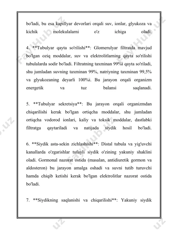 funktsiyasini bajaradi. 8. **gormonal ishlab chiqarish**: buyraklar qizil qon hujayralarining ishlab chiqishini stimulatsiya qilish uchun eritropoetin gormonini ishlab chiqaradi. bu gormon suyak iligida qizil qon hujayralarini ishlab chiqarishni oshiradi, bu esa organizmni kislorod bilan ta'minlash imkonini beradi. 9. **d vitamin sintezida ishtirok etish**: buyraklar d vitaminini faollashtiradi, bu esa kaltsiy va fosfatlarning organizmda so‘rilishini yaxshilaydi. bu yondashuv suyak sog‘lomligini ta'minlash uchun o‘ta muhimdir. bu funktsiyalar orqali buyraklar inson organizmini muvozanatda saqlashda g‘oyat muhim rol o‘ynaydi. shu sababli, buynganak kasalliklari va ularning normal ishlashidagi buzilishlar inson salomatligi uchun jiddiy xavf tug‘dirishi mumkin, va ularni profilaktik ko‘rikdan o‘tkazish muhim hisoblanadi. 3. siydik miqdorini boshqarish siydik miqdorini boshqarish haqida ma'lumot berishda urinib ko'raman. siydik miqdorini boshqarishga turli omillar ta'sir ko'rsatadi. inson organizmi kun davomida o'rtacha 1,5-2 litr siydik chiqaradi. bu miqdor insonning yoshiga, jinsiga, hayoti tarziga va suyuqlik iste'moli darajasiga qarab o'zgarishi mumkin. sanoa'atchilar tomonidan belgilangan suyuqlik iste'mol qilish miqdori kuniga kamida 2-3 …