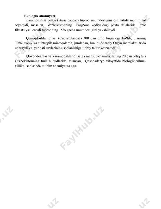 ) 300 dan ortiq turga ega boʻlib, ularning 70%i tropik va subtropik mintaqalarda, jumladan, janubi-sharqiy osiyo mamlakatlarida uchraydi va yer osti suvlarining saqlanishiga ijobiy ta’sir koʻrsatadi. qovoqdoshlar va karamdoshlar oilasiga mansub oʻsimliklarning 20 dan ortiq turi oʻzbekistonning turli hududlarida, xususan, qashqadaryo viloyatida biologik xilma-xillikni saqlashda muhim ahamiyatga ega. 📌xulosa кабачок (cucurbitaceae) ва карам (brassicaceae) ўсимлик оилалари турли хусусиятларга эга бўлиб, ўз ичига кўплаб турларни олади. уларнинг биологияси ва морфологиясида сезиларли фарқлар мавжуд. 📚foydalanilgan adabiyotlar 1. кабачоклар оиласи – қовундошлар (cucurbitaceae). крестгулдошлар оиласи – карамулдошлар (brassicaceae). (турлар). 2. қовундошлар оиласининг биологик хусусиятлари. карамулдошлар оиласининг эволюцияси. (турлар). 3. ўзбекистондаги қовундошлар ва крестгулдошларнинг тарқалиши. (турлар). 4. қовундошлар ва крестгулдошларнинг иқтисодий аҳамияти. (турлар). 5