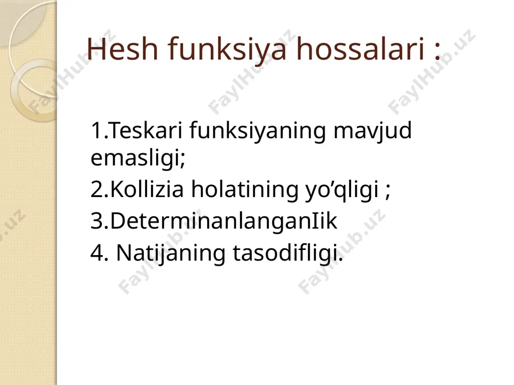 nksiyalar kriptografiya va axborot xavfsizlik masalalarida keng qo’llaniladi. hesh funksiya hossalari : 1.teskari funksiyaning mavjud emasligi; 2.kollizia holatining yo’qligi ; 3.determinanlanganiik 4. natijaning tasodifligi. joylashtirish usuli (xeshlashtirish) ma’lumotlar tuzilmasida element joylashgan o‘rinni tez aniqlashga yo‘naltirilgan usuldir. joylashtirish usulida ma’lumotlar oddiy massiv sifatida ifodalangan bo‘ladi. elementni jadvalga qo‘shishdan oldin uning adresi xesh-funksiya orqali aniqlanadi: a = h(k), bu erda k – kalit, a – jadvaldagi element adresi bo‘lib, 0  a  n-1, shart o‘rinli bo‘ladi. f xesh-funksiya deb r kiruvchi elementlar to‘plamini manfiy bo‘lmagan butun sonlar to‘plami z ga akslantirishga aytiladi: f(r)=n, rϵr, nϵz. xesh-adreslash bu xesh-funksiya qiymatlar sohasini qandaydir bir ma’lumotlar massivining yacheykasi, adresi sifatida foydalanishdan iborat. u holda ma’lumotlar massivi o‘lchami foydalanilayotgan xesh-funksiyaning qiymatlar sohasiga mos kelishi kerak. turli a1, a2, a3 identifikatorlar uchun mos ravishda n1, n2, n3 xesh-funksiya qiymatlari to‘g‘ri kelsin. n1, n2, n3 adreslarga mos yacheykalarda a1, a2, a3 identifikatorlar haqida ma’lumot joylanadi. a3 identifikatorni …
