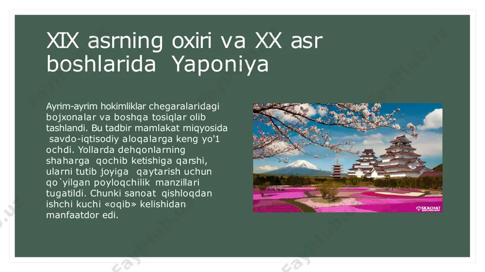 miqdorida olingan. yerlarning bir qismi imperatorga, uning yaqin qarindoshlariga, manjur aslzodalari va zobitlariga tegishli bo'lgan. davlat yer egaligining bir turi chegaradagi harbiy punktlarga tegishli bo'lib, ulardan keladigan daromad harbiy garnizonlar ta'minotiga sarflangan.xitoy o'zining siyosiy tuzumiga ko'ra mustabid tizimiga asoslangan bo'lib, yakka hukmdor bog'dixon cheklanmagan hokimiyatga ega bo'lgan. imperatorning qonun chiqaruvchi hokimiyati imperator kotibiyati va harbiy kengashidan iborat ikkita maslahat organidan iborat bo'igan. xvii-xx asr boshlarida hindiston. hindistonning ijtimoiy-iqtisodiy ahvoli va davlat tuzumi xviii asr o'rtalarida shimoliy va markaziy hindiston hududlari boburiylar yoki «buyuk mo'g'ullar» (yevropaliklar noto'g'ri ravishda boburning kelib chiqishi mo'gullardan deb u asos solgan davlatni «buyuk mo'g'ullar» davlati deb nomlaganlar) davlati tarkibiga birlashtirilgan bo'lib, bu davlatda hindislon aholisining 2/3 qismi yashar edi. shuningdek, boburiylar davlati janubida musulmon sulolalarining hukumronligida bo'lgan bidjopur va golkonda sultonliklari bilan shimoliy-sharq va sharqdan nepal knyazliklari, tibet va assam bilan chegaradosh edi.boburiylar davlatida yashovchi bengallar, maratxlar, gujaratlar, panjobilarda asta- sekin bo'lsa ham o’nik-madaniy jamoalar shakillanayotgan …