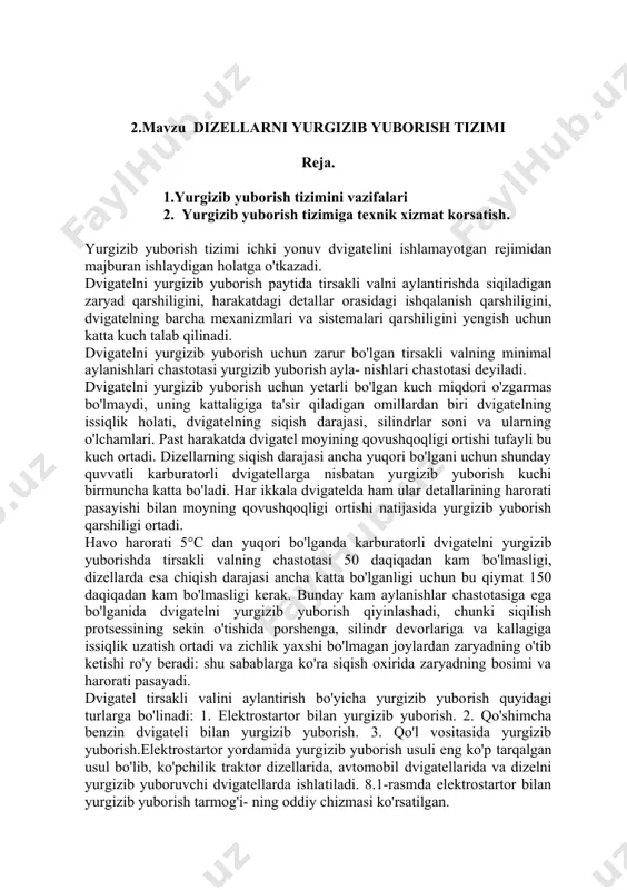 laydigan holatga o'tkazadi. dvigatelni yurgizib yuborish paytida tirsakli valni aylantirishda siqiladigan zaryad qarshiligini, harakatdagi detallar orasidagi ishqalanish qarshiligini, dvigatelning barcha mexanizmlari va sistemalari qarshiligini yengish uchun katta kuch talab qilinadi. dvigatelni yurgizib yuborish uchun zarur bo'lgan tirsakli valning minimal aylanishlari chastotasi yurgizib yuborish ayla- nishlari chastotasi deyiladi. dvigatelni yurgizib yuborish uchun yetarli bo'lgan kuch miqdori o'zgarmas bo'lmaydi, uning kattaligiga ta'sir qiladigan omillardan biri dvigatelning issiqlik holati, dvigatelning siqish darajasi, silindrlar soni va ularning o'lchamlari. past harakatda dvigatel moyining qovushqoqligi ortishi tufayli bu kuch ortadi. dizellarning siqish darajasi ancha yuqori bo'lgani uchun shunday quvvatli karburatorli dvigatellarga nisbatan yurgizib yuborish kuchi birmuncha katta bo'ladi. har ikkala dvigatelda ham ular detallarining harorati pasayishi bilan moyning qovushqoqligi ortishi natijasida yurgizib yuborish qarshiligi ortadi. havo harorati 5°c dan yuqori bo'lganda karburatorli dvigatelni yurgizib yuborishda tirsakli valning chastotasi 50 daqiqadan kam bo'lmasligi, dizellarda esa chiqish darajasi ancha katta bo'lganligi uchun bu qiymat 150 daqiqadan kam bo'lmasligi …