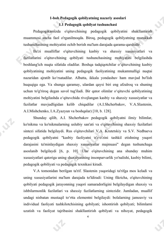 ldiradi (v.dalning fikricha, qobilyat hunarmandchilik, hunarmandchilik, hunarmandchilik, qobilyat, san’atdir) yuqorida qayd etilgan mualliflar asosan o’qituvchi shaxsining xossalari va sifatlari orqali belgilaydilar. qobilyat nafaqat shaxsning xususiyatlarida, balki uning faoliyatida namoyon bo'ladi, uni amalga oshirish uchun, albatta, ma'lum xususiyatlar kerak. lekin xossalar o‘zlashtirishning zaruriy sharti, uning namoyon bo‘lishi va rivojlanishi uchun shart-sharoitdir. semantik jihatdan pedagogik qobilyat o‘qituvchining malaka, qobiliyat va shaxsiy fazilatlarga asoslangan yuqori kasbiy faoliyati bilan bog‘liq. demak, o‘qituvchi yuqori kasbiy qobilyatga erishish uchun o‘z kasbiy qobilyati va malakalarini, ma’lum shaxsiy fazilatlarini rivojlantirishi, shakllantirishi va sayqallashi, shu asosda o‘zining pedagogik faoliyatini takomillashtirishi zarur. bu ikki vazifa bir-biri bilan chambarchas bog'liq bo'lsa-da, hali ham bir xil emas. ularning birligi pedagogik faoliyatning eng yuqori bosqichlaridagina erishiladi, bu esa o‘qituvchining pedagogik qobilyatida o‘z ifodasini topadi. pedagogik qobilyat tushunchasini biz o'qituvchining kasbiy faoliyatining yuqori darajasi sifatida tushunamiz, bu uning kasbiy qobilyatining yuqori yoki eng yuqori darajalari - pedagogik ijod va pedagogik innovatsiya - a.k. markova, …