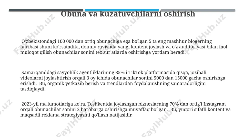 ig data" технологиялари ёрдамида, самарқанд вилоятидаги 5000 дан ортиқ фойдаланувчининг онлайн хатти-ҳаракатларини таҳлил қилиб, ижтимоий фикрларни ва истеъмолчиларнинг эҳтиёжларини аниқлаш мумкин. salbiy fikrlar va tanqidlar 2023-yilgi tadqiqotlar shuni ko'rsatdiki, ijtimoiy tarmoqlardagi salbiy fikrlar va tanqidlarning 70% dan ortig'i anonim manbalardan kelib chiqadi, bu esa ularga javob berish va ularning ta'sirini kamaytirishni qiyinlashtiradi. ijtimoiy tarmoq platformalarining tahlil vositalari, masalan, facebook yoki instagram algoritmlari, salbiy fikr va tanqidlarning tarqalishini nazorat qilishda 10% dan kam samaradorlik ko'rsatmoqda, bu esa zararli kontentning tez yoyilish xavfini oshiradi. o'zbekistonning yirik shaharlarida o'tkazilgan so'rovnomalar natijalariga ko'ra, 35% dan ortiq foydalanuvchilar ijtimoiy tarmoqlardagi salbiy sharhlardan ruhiy tushkunlik va stressni boshdan kechirishmoqda. kiberxavfsizlik киберхавфсизликка тааллуқли 2023 йилдаги глобал кибержиноятлар 6 триллион ақш долларидан ортиқ зарар келтирган, бу эса дунё бўйлаб 150 дан ортиқ давлатларга таъсир кўрсатган. жаҳон банки маълумотларига кўра, киберҳужумларнинг 70% дан ортиғи фишинг орқали амалга оширилади ва бундай ҳужумлардан ҳимояланиш учун икки омилли автентификациядан фойдаланиш миллионлаб фойдаланувчиларга …
