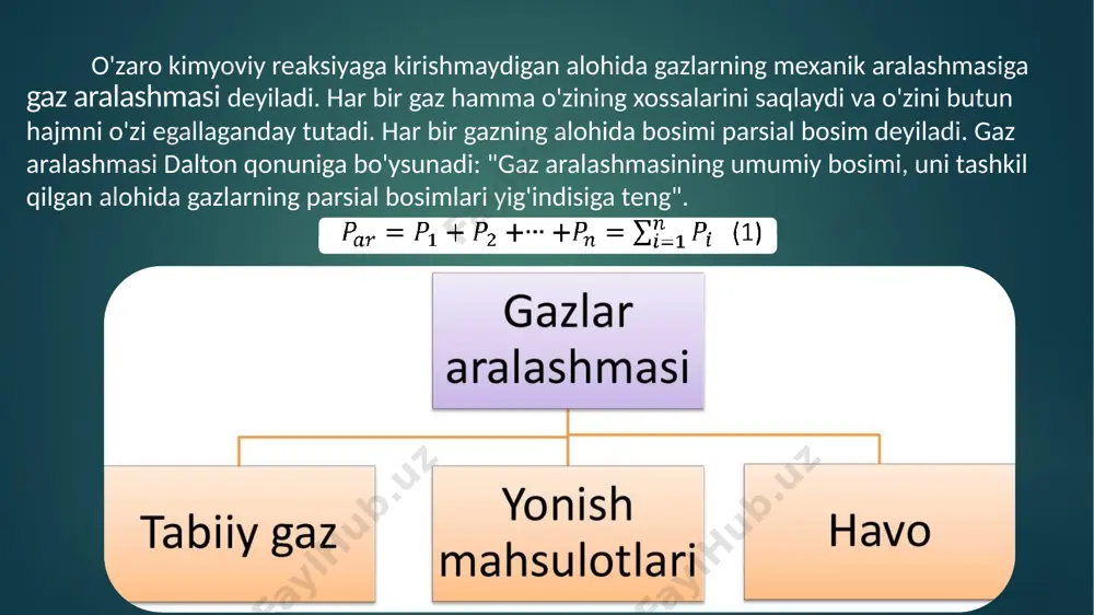 irish uchun turli miqdorda issiqlik sarflash kerak bo'ladi. demak, har qanday moddaning faqat shu jismga xos issiqlik sig'imi bo'ladi. jismning temperaturasini bir gradusga o'zgartirish uchun zarur bo'lgan issiqlik miqdori jismning issiqlik sig'imi deyiladi: bu nisbat jismning t - temperaturadagi haqiqiy issiqlik sig'imini ifodalaydi. jism holati juda chеksiz kichik o`zgarganida olgan issiqlik miqdori q ni, shu holat o`zgarishiga mos harorat o`zgarishi dt ga nisbatiga jismni o`sha jarayondagi to`la issiqlik sig`imi dеyiladi. c = q / dt [ j/к ] odatda issiqlik sig`imi tanlab olingan birlik modda miqdoriga qarab quyidagiga aytiladi: solishtirma massa issiqlik sig`imi, u 1 kg gaz uchun topiladi. [j/kg *к] solishtirma xajm issiqlik sig`imi, u 1m 3 gaz uchun topiladi. [j/m3*к] solishtirma mol issiqlik sig`imi, u 1 kmol gaz uchun topiladi . [j/kmol *к] bu solishtirma issiqlik sig`imlari o`rtasida quyidagi bog`liqliklar bor: с=  * с / с` =  *c / 22.4 с` = c* = c /v …