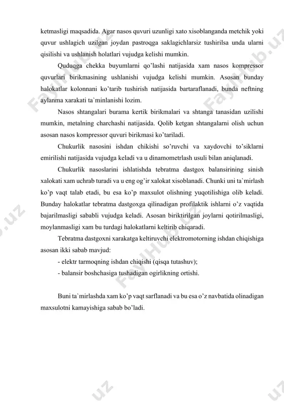 favvoralar va ularni uchirish usullari neft va gaz quduqlarini ishlatishda va burg’ulashda xalokatli favvoralar asosan quyidagi sabablarga vujudga keladi. - maxsuldor qatlam perforatsiya qilinganda quduqni to’ldirib turgan suyuqlik zichligining kamligi; - perforatsiya vaqtida er ustida zulfinlarning yuqligi; - quduqga nasos kompressori tushirilgandan keyin suyuqlik xarakatga keltirilganda quduq germetikligining ta`minlanmaganligi; - favvora moslamasini kutilayotgan bosimga nisbatan sinab ko’rilmaganligi. masalan: shimoliy muborakdagi 1-quduqda xvii-gorizontni ochishda zichligi 1,32 g/sm3 eritmadan foydalanishgan. ishchi kolonna 146 mm x 2170 m ga tushirilib semonlanganidan sung gaz qatlami perforatsiya qilishga kirishildi. ammo zichligi 1,32 g/sm3 eritma yuqligi sababli qatlamni 1,05 g/sm3 suv bilan ochishga qaror qilindi. xvii - gorizontni birinchi metrlari ochilishida favvora holati vujudga kelib karotaj kabeli va perforatorni yuqori uloqtirdi. bu xalokatning vujudga kelishiga sabab maxsuldor qatlamini ochish qoidalarining qo’pol buzilganligi, ya`ni zichligi past bo’lgan suyuqlik bilan qatlamining ochilishi. muddatdan oldin suvlanishning sabablari suvlanishga karshi kurash suv bosimi taziyiki tizimida maxsulot olinadigan quduqlarning suvlanishi-uyumning ilgari …
