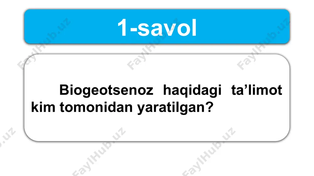 tushuniladi. biogeotsenozlarning barqarorligi biogeotsenozlarning o‘z tuzilishini, tarkibiy qismlari o‘rtasidagi aloqalar xarakteri va boshqa ko‘rsatkichlarini nisbatan doimiy holatda saqlash xususiyatidir. biogeotsenozlarning rivojlanish xususiyati ularning tuzilishi hamda faoliyatida o‘zgarishlarning sodir bo‘lishi bilan bog‘liq. biogeotsenozlardagi o‘zgarishlar davriy (siklik) va tadrijiy (izchil) bo‘ladi. bir biotsenoz o‘rnini boshqa biotsenoz egal-lashi ekologik sukses-siya (lotincha «succes-sio» - izchillik, ketma-ketlik) deb ataladi. suksessiya – biotsenoz-larni tashkil etgan turlarning tarkiban o‘zgarishi va jamoa tarkibiy tuzilishining izchillik asosida o‘rin almashinishi natijasida vujudga keladi. shunday qilib, biogeotsenoz biotsenoz va biotopning majmuasi bo‘lib, unda moddalarning va energiyaning davriy aylanishi amalga oshadi. produtsentlar, konsumentlar va redutsentlar ekosistemalarning funksional tarkibiy qismlari hisoblanadi. ekotop, klimatop, edafotop, fitosenoz, zoosenoz, mikrobiotsenoz, produtsentlar, konsumentlar, redutsentlar. uyga vazifa image1.png image2.png image3.png image4.png image8.png image5.png image6.png image7.png image9.png image10.png /docprops/thumbnail.jpeg