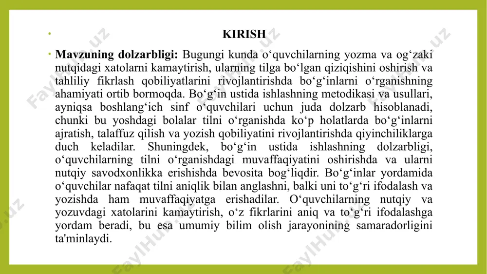 asini aniqlash va uning tilshunoslikdagi o‘rni va ahamiyatini o‘rganish. – bo‘g‘in ustida ishlashning metodik asoslarini tahlil qilish va samarali usullarni aniqlash. – bo‘g‘inlarni to‘g‘ri talaffuz qilish, yozish va ajratish ko‘nikmalarini rivojlantirishda o‘quvchilarning faoliyatini shakllantirish. kurs ishining obyekti: bo‘g‘inlar yordamida o‘quvchilarda tilning asosiy birliklarini o‘zlashtirish, ularning talaffuz va yozuvdagi xatolarini kamaytirish, shuningdek, nutqiy va yozuv ko‘nikmalarini yaxshilashga qaratilgan metodikalarni o‘rganish kurs ishining predmeti: o‘quvchilarga savod o‘rgatish davrida bo‘g‘in ustida ishlash ko‘nikmalarini shakllantirish jarayoni. kurs ishining tuzilishi: kurs ishi kirish, ikkita bob, rejalar, xulosa va foydalanilgan adabiyotlar ro‘yxatidan iborat. i.bob savod o‘rgatish jarayonida bo‘g‘in ustida ishlashning maqsadi va vazifalari 1.1 bo‘g‘in tushunchasi va uning tilshunoslikdagi o‘rni boʻgʻin — soʻzning alohida talaffuz qilish mumkin boʻlgan kichik boʻlagi. fransuz tilshunosi m. gammon 1929-yilda boʻgʻin nutq artikulyatsiyasidagi muskullarning kuchlanishiga asoslangan, degan fikrni ilgari surgan. bunda nutq oqimidagi tovush tizimining izchil holatda kuchlanishi va boʻshashishi nazarda tutiladi, yaʼni nutq qismlari kuchlanish bilan boshlanadi va yuqori nuqtasidan …