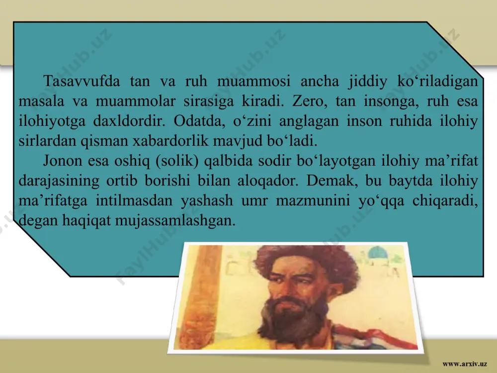 azmunini to‘la va yaxlit holda idrok qilishga ko‘maklashadi. tan va ruh esa mantiqiy tazodni yuzaga keltirgan: bu tani xokini-yu ruhi ravonni na qilay?! bo‘lmasa qoshimda jonon, bu jahonni na qilay?! keyingi baytda tashbih, istiora, ramz singari tasvir vositalaridan foydalanilgan. bular she’rning ta’sirchanligini yanada kuchaytirgan. bularning barchasi mazmuniga quvvat, shakliga chiroy ato etgan. ular birlashib, kitobxon qalbida go‘zal va yoqimli ta’sirni hosil qiladi. «agar oshiqlig‘im aytsam...» agar oshiqlig‘im aytsam, kuyub jon-u jahon o‘rtar, bu ishq sirrin bayon qilsam, taqi ul xonumon o‘rtar. kishiga ishq o‘tidin zarraye yetsa, bo‘lur giryon, bo‘lub besabr-u betoqat, yurak-bag‘ri chunon o‘rtar. meni bexonumon tinmay kuyub-yondim firoqingda, oting tutsam, nigoro debki, zavqidin zabon o‘rtar. qayu til birla, ey jono, seni vasfing bayon aylay, tilim lol-u ko‘zum giryon, so‘ngaklarni nihon o‘rtar. na qattiq kun ekan, jono, visolingdin judo bo‘lmoq, meni ohim tutunig‘a zamin-u osmon o‘rtar. bu dard ila xarob o‘ldum, kelib holimni so‘rmassan, g‘aming boshqa, alam boshqa, yurakimni fig‘on …