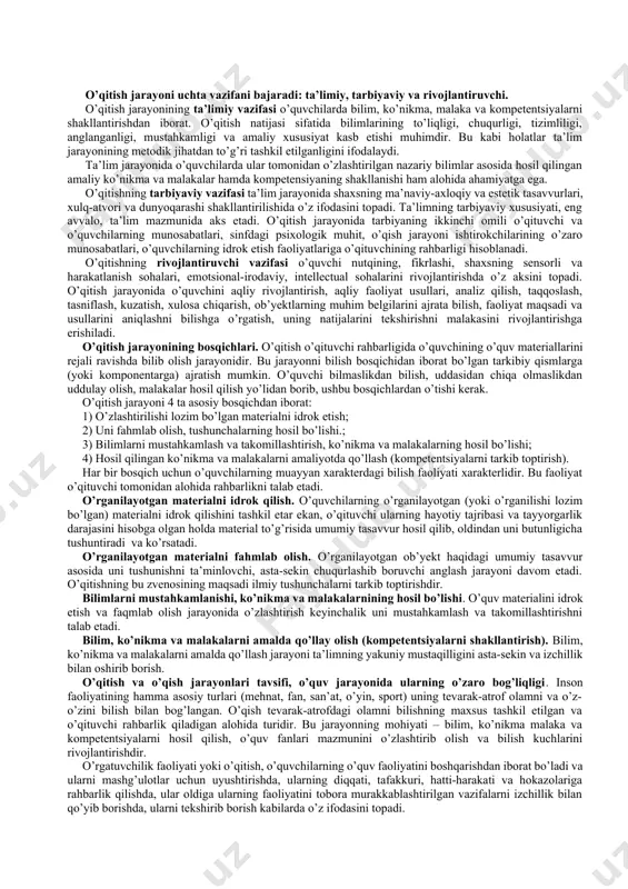 irgalikdagi faoliyatni roli haqidagi ta’limot, shaxsning hayotiy faoliyatdagi vazifalari, fikriy soha, insonning reflektiv imkoniyatlarining rivojlanishi, o’quv faoliyati jarayonida uning psixik rivojlanish qonuniyatlari haqidagi tadqiqotlar, shular jumlasidandir. zamonaviy pedagogik fanlardagi maqsadiga (ta’limiy, tarbiyaviy), ta’limning bosh maqsadi – madaniyatga yondashuvga, o’quv-tarbiya jarayoni doirasida hal etiladigan vazifalariga, pedagog va talabalar orasidagi o’zaro ta’sir etish tavsifiga ko’ra paradigmalar farqlanadi. ta’limning keng tarqalgan beshta paradigmasi mavjud: an’anaviy (bilimga yo‘naltirilgan paradigma); fenomenologik (insonparvarlik paradigmasi); ratsionalistik (bixevioristik, xulq-atvorga doir); texnokratik; ezoterik. an’anaviy (bilimga yo’naltirilgan) paradigma. bilimga yo’naltirilgan paradigmada ta’limning bosh maqsadi: «istalgan qiymatdagi bilim, bilim va yana bilimdir». shuning uchun ta’lim muassasasining roli insoniyat sivilizatsiyasi madaniy merosining ko’proq mavjud unsurlari – ham individual, xuddi shunday ijtimoiy tartibni saqlab qoluvchi, individual rivojlanishga imkon beradigan zaruriy, xilma-xil, muhim bilim, ko’nikma va malakalar, bundan tashqari ideal va qadriyatlarni uzatish va saqlashda namoyon bo’ladi. shuning uchun o’quv dasturlari mazmuni tayanch, asosiy, bilim, ko’nikma va malakalarni egallash vaqtida sinovdan o’tuvchi, shaxsning funksional …