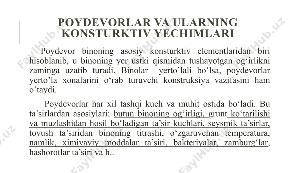 devorlarda tabiiy xarsang tosh, xarsang tosh beton, beton ishlatiladi. egiluvchan poydevorlarda asosan temirbeton ishlatiladi. tasmasimon poydevorlar balandligi 12 qavatgacha bo‘lgan karkassiz sxemali turar-joy binolarida keng ko‘lamda qo‘llaniladi. tasmasimon poydevorlar ko‘rinishi va profiliga ko‘ra ko‘pgina hollarda to‘g‘ri burchak shaklida bo‘ladi. kengligi poydevor materialiga bog‘liq bo‘lib, devorning kengligidan ikki tomonga 50-150 mm gacha chiqariladi. poydevor plani va kesimidagi ko’rinishi, hamda o’lchamlari shunday tanlanishi kerakki, bunda bosim kuchi zaminga bir tekisda taqsimlanadigan bo‘lishi kerak. poydevorlarning ko’rinishi va o’lchamlari uning materialiga, binoga tushayotgan yuk miqdoriga, grunt sifatiga, yer osti suvlari, gruntning muzlash chuqurligi va iqlim sharoitiga bog‘liq bo‘ladi. poydevorning yuk ko‘tarish qobilyatini oshirish va binodan tushayotgan kuch bosimini gruntqa tekis o‘tkazish maqsadida poydevor tag qismi kengaytirilib, trapetsiya shakliga keltiriladi. trapetsiya yon tomonining og’ish burchagi zaminda bino og’irligidan hosil bo‘ladigan bosimning tarqalish burchagiga to‘g’ri keladi. xarsang tosh va xarsang toshbeton poydevorlar uchun bu burchak 27 dan 330 gacha, beton poydevorlarda esa 45 gradusga teng. ammo …