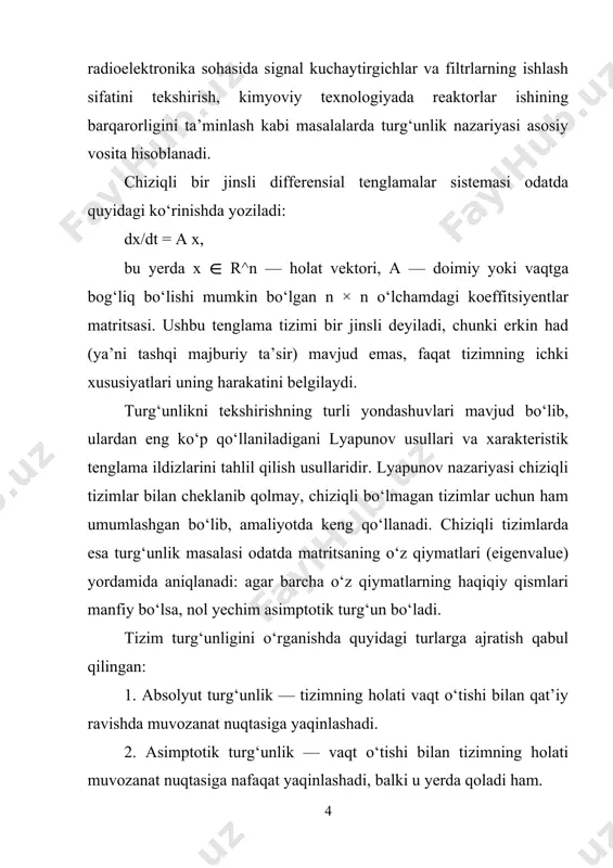azariy asoslar, turg‘unlikni tekshirish usullari, amaliy misollar tahlili, umumiy xulosalar va foydalanilgan adabiyotlar ro‘yxati. har bir bo‘limda masalaning mohiyati izchil va tushunarli tarzda yoritiladi, formulalar, grafiklar va izohlar keltiriladi. xulosa qilib aytganda, chiziqli bir jinsli differensial tenglamalar sistemasi yechimining turg‘unligi masalasi nazariy jihatdan qiziqarli, amaliy jihatdan esa beqiyos darajada muhimdir. bu masalani chuqur o‘rganish zamonaviy fan va texnika sohalarida samarali ishlash uchun zarur bilim va ko‘nikmalarni shakllantiradi. shu sababli ushbu kurs ishida nazariy tushunchalar bilan bir qatorda amaliy misollar ham keng yoritiladi, bu esa mavzuning yanada chuqurroq anglanishiga imkon beradi. asosiy qism 1. sistema yechimining turg‘unligi. ushbu (1) differensial tenglamalar sistemasini qaraylik. bu yerda kvadrat matritsa funksiya tengsizlikni qanaotlantiruvchi barcha larda uzluksiz va chegaralangan bo‘lsin. aytaylik vektor-funksiyalar (1) sistemaning ushbu (2) boshlang‘ich shartlarni qanoatlantiruvchi yechimlaridan iborat bo‘lsin. bunda . (3) berilgan (1), (2) koshi masalasining yechimlaridan tuzilgan -vronskiy determinantining nuqtadagi qiymati uchun munosabat o‘rinli. shuning uchun vektor-funksiyalar (1) differensial tenglamalar …