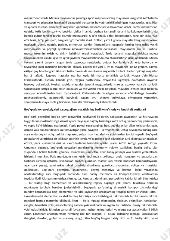 a manzarali ko‘rinish beradi. baland bommagan bir turli toza rangli bir yillik gullar yorqin gulzorlar kompozitsiyasi uchun yaxshi material hisoblanadi. gulzorlarni yaratish qoidalari mavjud bo‘lib, ular, asosan, quyidagilardan iborat: 1. gulzorlarning eng yorqin, diqqatni o‘ziga tortuvchi qismi — bu markaziy klumba hisoblanib, u gulzorning o‘rtasida joylashishi shart. klumbalar yodgorlik, monument va basseynni chegaralovchi yoki maysazor fonida ishlangan alohida landshaft kompozitsiyasi tarzida bo‘lishi mumkin. 2. gulzorlarda qo‘llanilgan gul shakllari maydalashib, bir-biriga aralashib ketmasligi kerak, zero ular yaxlitlikni buzishga sabab bo‘ladi. yaxshisi yirikroq rasm va oddiyroq shakllarga ega bo‘lgan gulzorlarni shakllantirish zarur. 3. gulzorlarda guldor shakllarning ko‘p sonli bo‘lmasligi, atroflari ko‘proq maysazor va hoshiyalar bilan bezatilishi va holilash- tirilishi kerak. gulzorlarni yaratishda ularning barcha turlaridan: klumbalar, rabatkalar, ornamentlar, guruhlar, bordyurlar, massivlar, soliterlardan foydalanish tavsiya etiladi. quyida gulzorlarning ana shu turlari ustudi kengroq to‘xtalib o‘tamiz. klumba va rabatkalar. klumba — gulzorlarning bir qismi yoki shu nom bilan ataluvchi alohida gulzor kompozitsiyasidir. u turli …