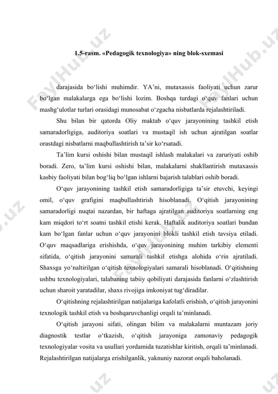 m, amaliyotchilar ham kam e‘tibor beradi, maqsad-metodik adabiyotlarda ham noaniq ifodalanib, unga erishish darajasi ham sub‘ektiv baholanadi. pedagogik texnologiyada –pedagogik maqsadni aniqlash asosiy muammo bo‘lib, maqsadni diagnostik ifodalash, bilim o‘zlashtirish sifatini ob‘ektiv baholash nazarda tutiladi. nihoyat to‘rtinchidan, ta‘lim-tarbiya jarayonlari tuzilishi va mazmuni jixatidan yaxlitligi-pedagogik texnologiyani ishlab chiqish va amalga oshirishning muhim printsipi hisoblanadi. yaxlitlik printsipi, shuningdek, ta‘limning har turi bo‘yicha bo‘lajak pedagogik tizimning loyihasini ishlab chiqayotganda pedagogik tizimning barcha elementlari (chorak, semestr, o‘quv yili davomida ham, shuningdek butun ta‘lim davomida ham) o‘zaro ta‘sirda bo‘lishiga erishish zarur. pedagogik tizimning bir elementi, masalan maqsadi o‘zgarsa uning boshqa qismlari (mazmuni, shakllari, jarayonlar) ham o‘zgaradi. “kadralar tayyorlashh milliy dasturi” jamiyat , davlat va oila oldida o‘z javobgarligini xis etadigan har tomonlama rivojlangan shaxsni tarbiyalashni asosiy maqsad qilib qo‘ydi. demak, milliy dastur bizda ta‘lim va tarbiya sohasidagi davlat buyurtmasi sifatida qabul qilinayapti. faqat ijtimoiy (davlat) buyurtmasigina ta‘lim va tarbiyaning umumiy maqsad va vazmfalarini aniq belgilab …